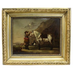 Late 18th Century English Oil Painting – Civil War Scene with Horse and Soldier