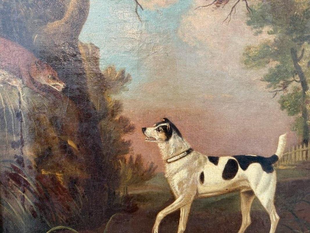 Late 18th Century English Painting of Dog Chasing Fox by Francis Sartorius. Folk art style painting depicting a dog facing off with a fox. F. Sartorius was an 18th century English artist known for his painting of horses, hunts and races. Painting is