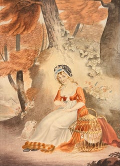 Peinture à l'aquarelle de la fin du XVIIIe siècle d'une jeune femme géorgienne anglaise avec cage à oiseaux