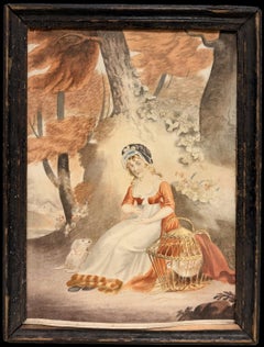 Peinture à l'aquarelle de la fin du XVIIIe siècle d'une jeune femme géorgienne anglaise avec cage à oiseaux