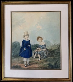 Late 18th Century English Portrait of Siblings Regency Watercolour Painting