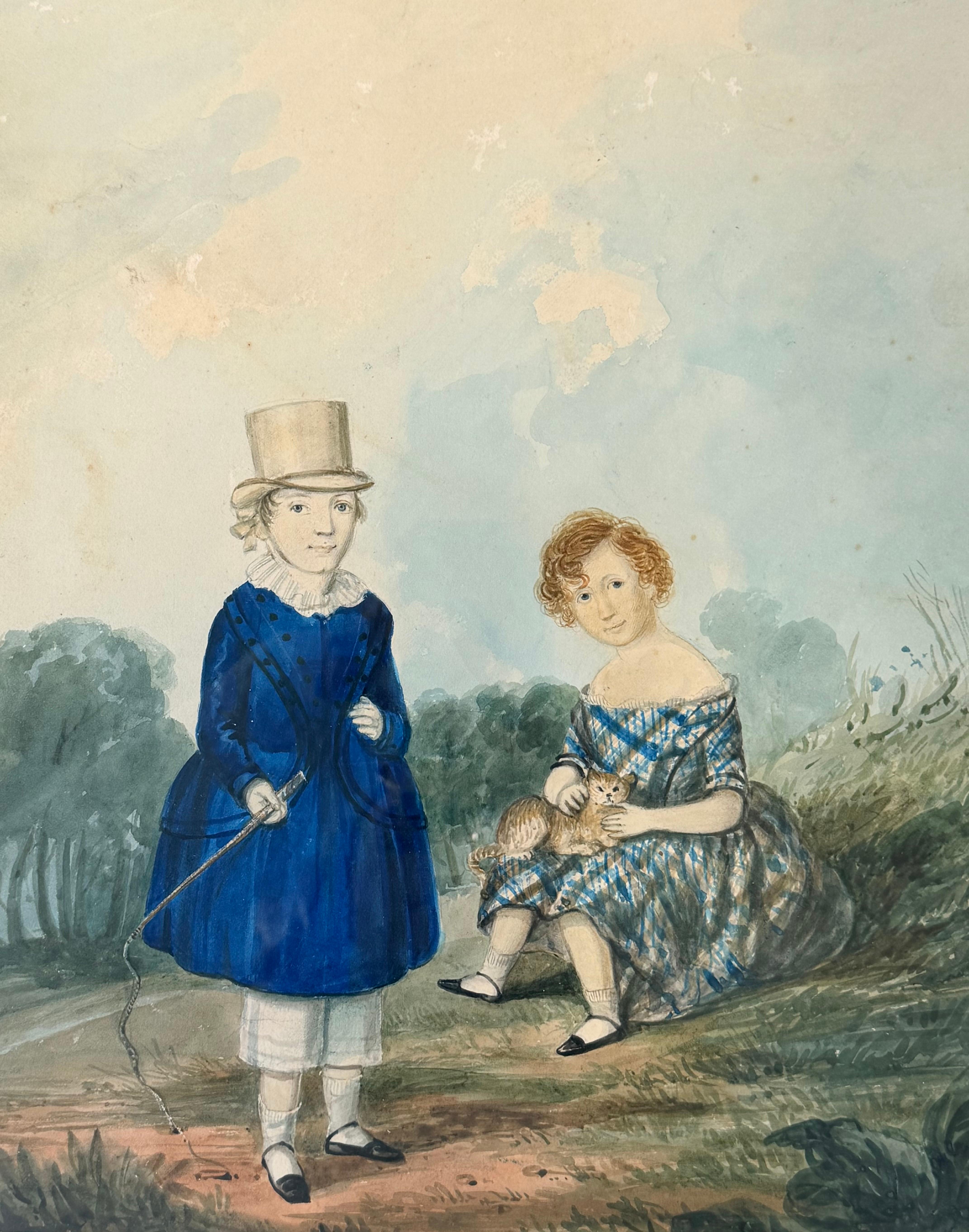 Late 18th Century English Portrait of Siblings Regency Watercolour Painting