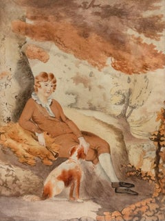 Fin du XVIIIe siècle Anglais Jeune gentilhomme dans les bois avec un épagneul Aquarelle