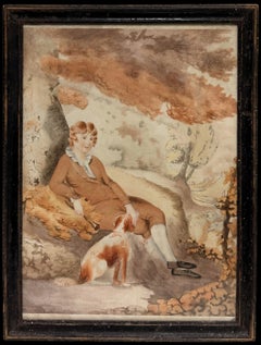 Fin du XVIIIe siècle Anglais Jeune gentilhomme dans les bois avec un épagneul Aquarelle