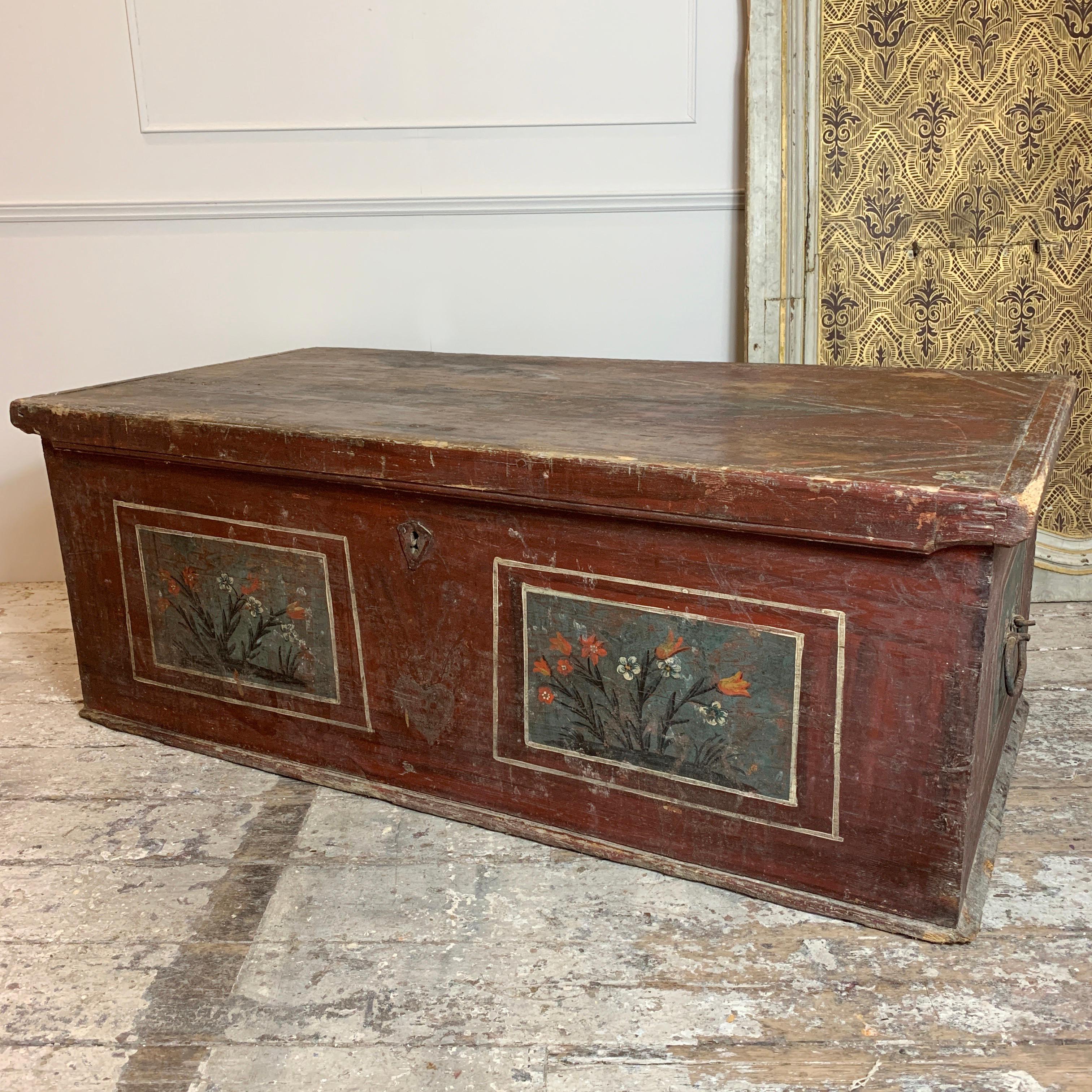 Wood Late 18th Century European Hand Painted Marriage Chest