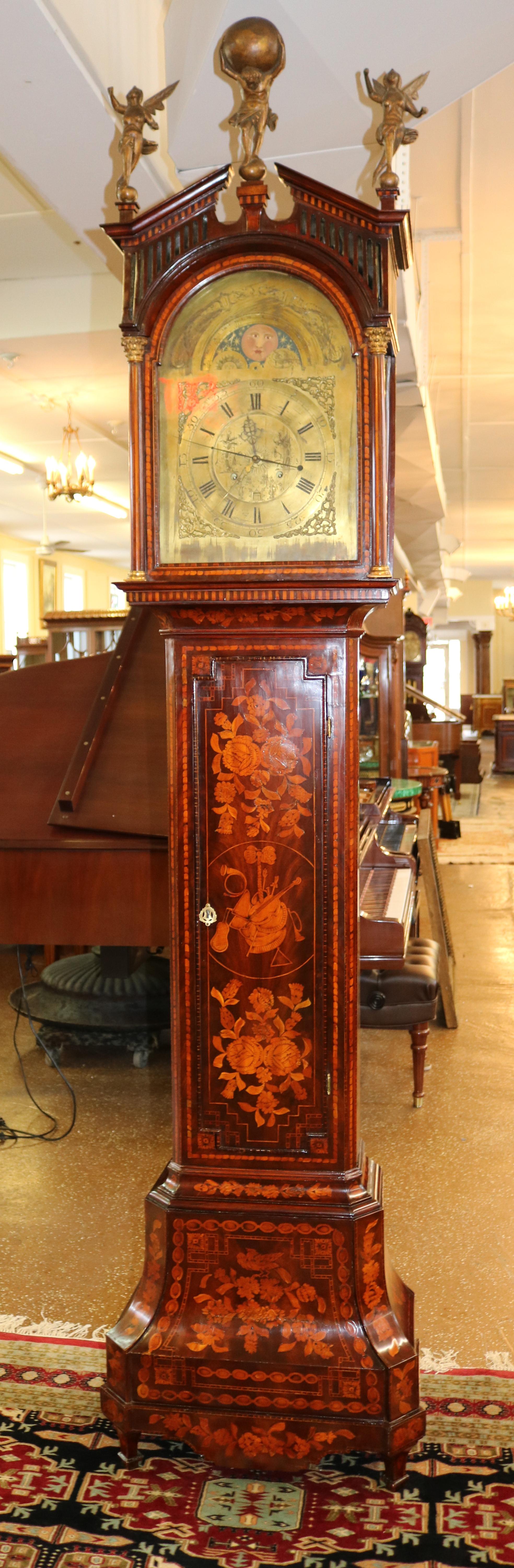 Dutch Colonial Late 18th Century Figural Dutch Marquetry Tall Case Grandfather Clock  For Sale