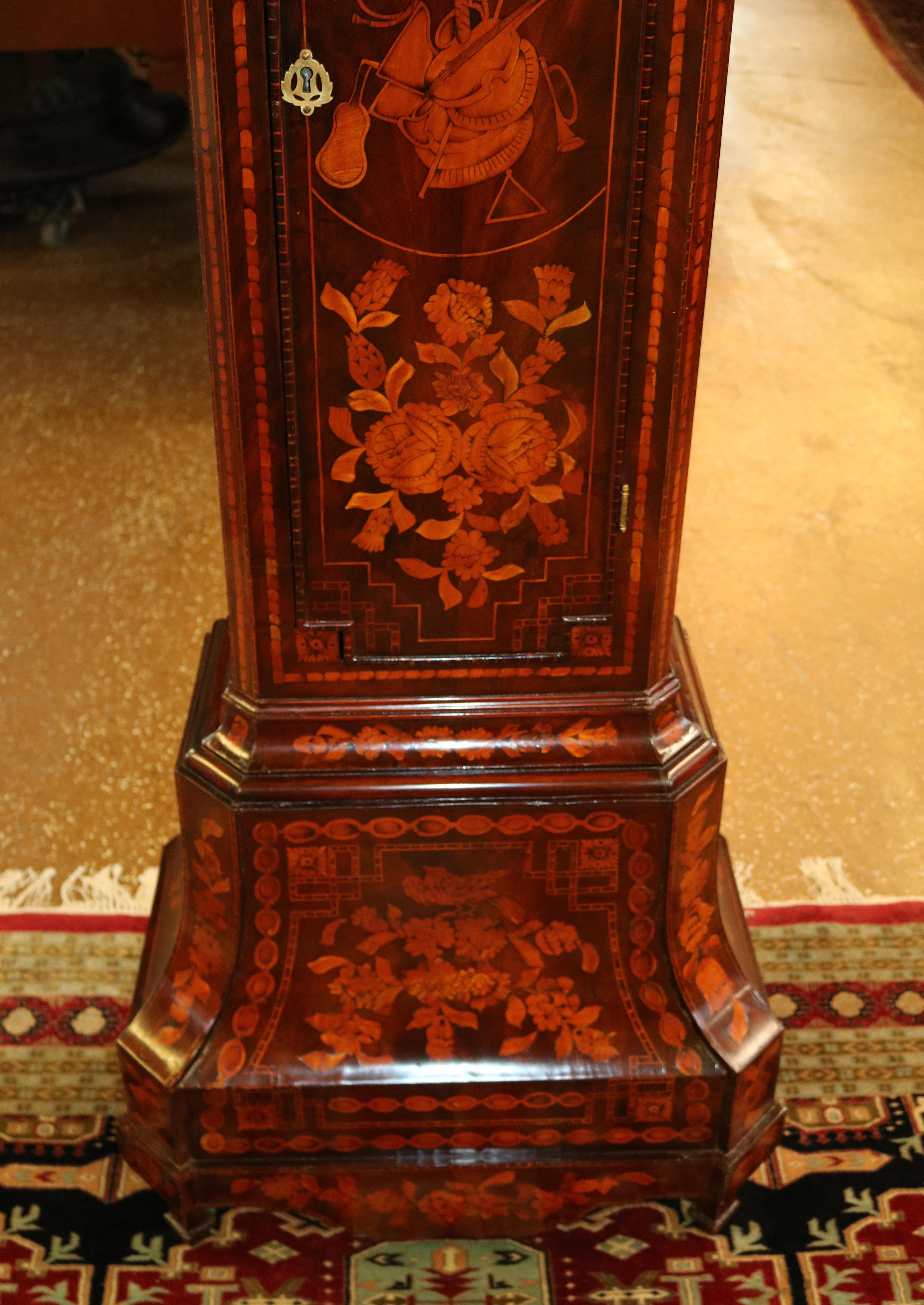 Brass Late 18th Century Figural Dutch Marquetry Tall Case Grandfather Clock  For Sale