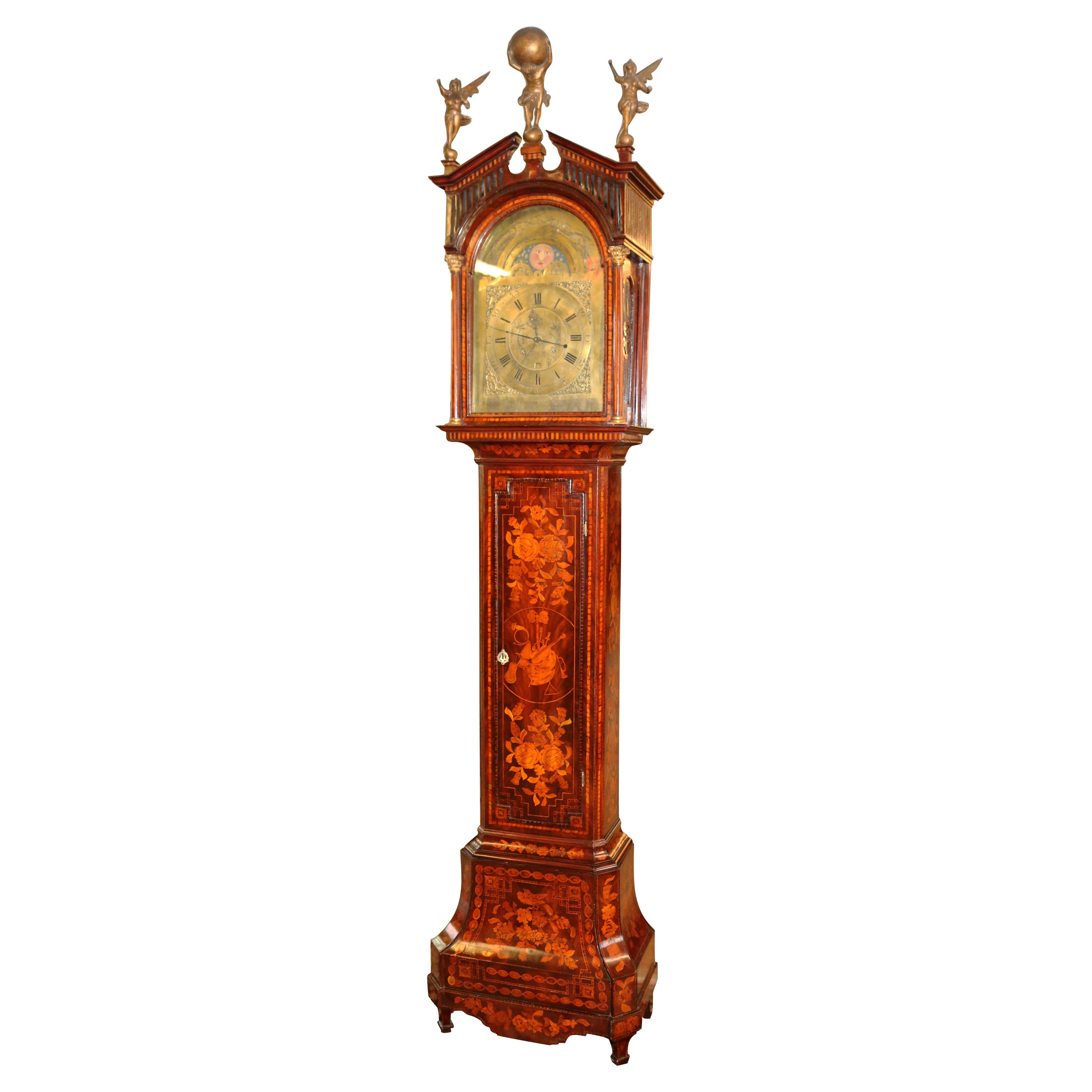 Late 18th Century Figural Dutch Marquetry Tall Case Grandfather Clock