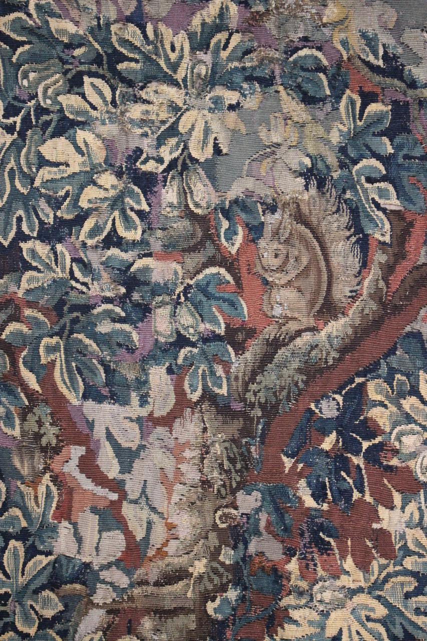 A late 18th century Flemish Verdure Tapestry fragment in wool and silk depicting a palace with exotic birds and a squirrel amongst the vegetation.
Reduced in size and with old repairs,
circa 1780-1800.