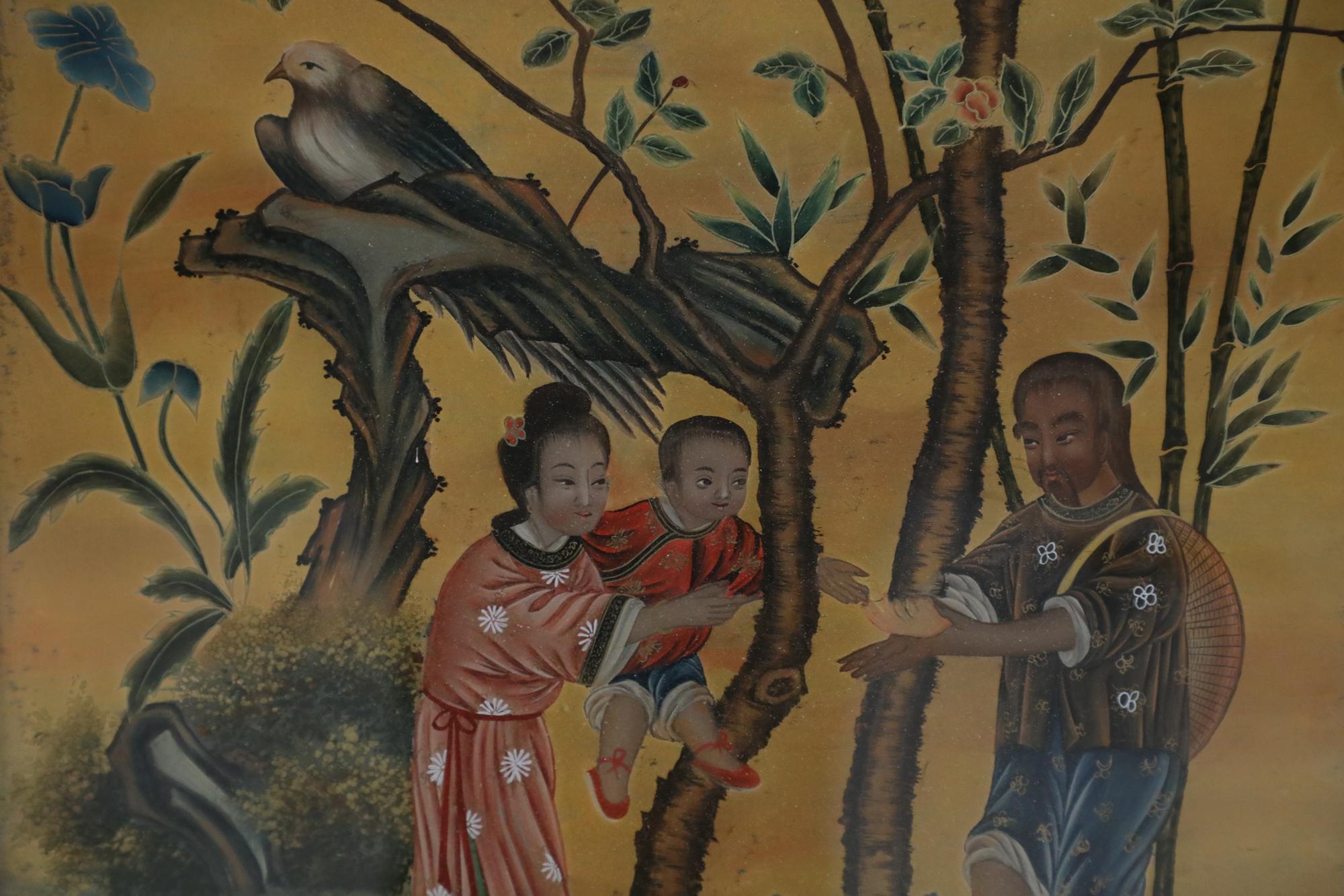 Late 18th Century Framed Chinese Glass Back Painted Scene of a Family For Sale 1