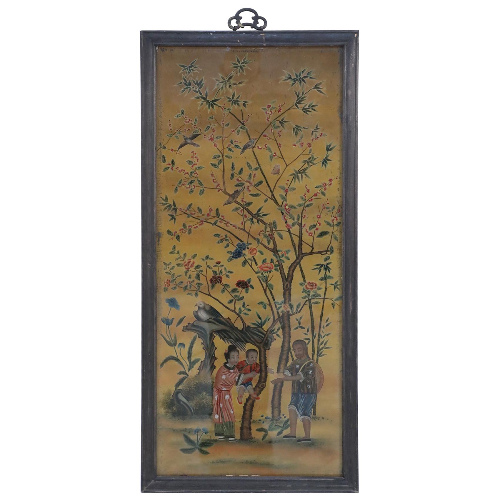 Gerahmte chinesische Glasrückseite, bemalte Szene einer Familie, spätes 18. Jahrhundert