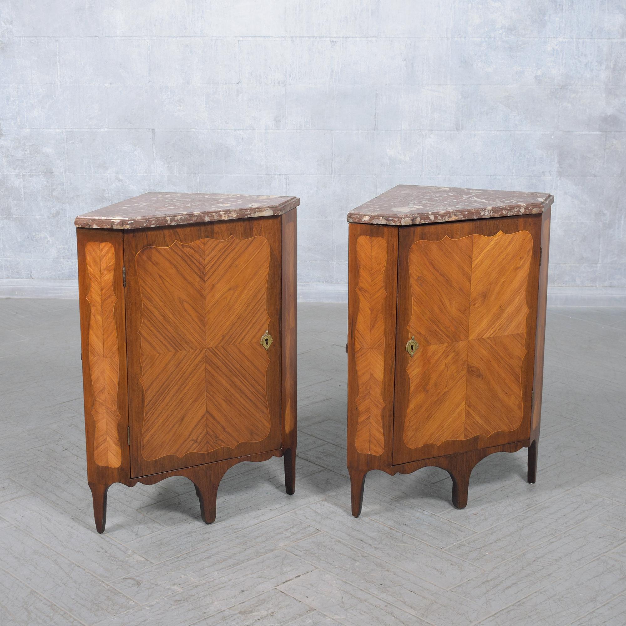 Late 18th-Century French Corner Cabinets with Marble Tops: Restored Elegance For Sale 4