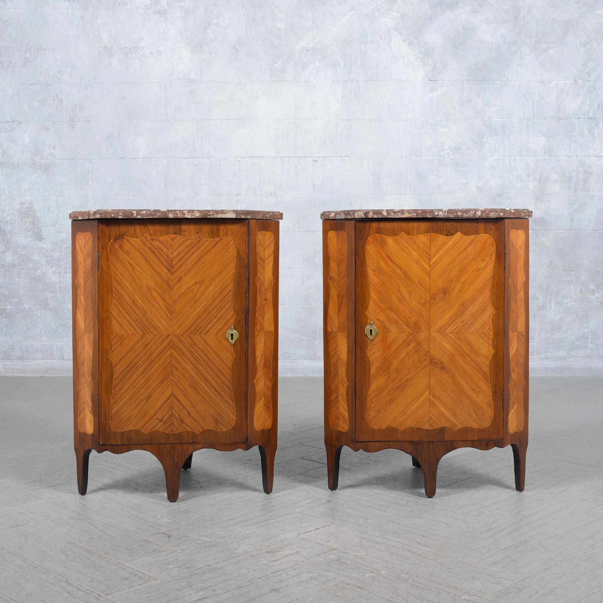Dive into the opulence of the late 18th century with our extraordinary pair of French corner cabinets, a testament to exquisite craftsmanship and timeless design. Masterfully crafted from wood, and fruitwood veneers, and featuring a stunning rouge