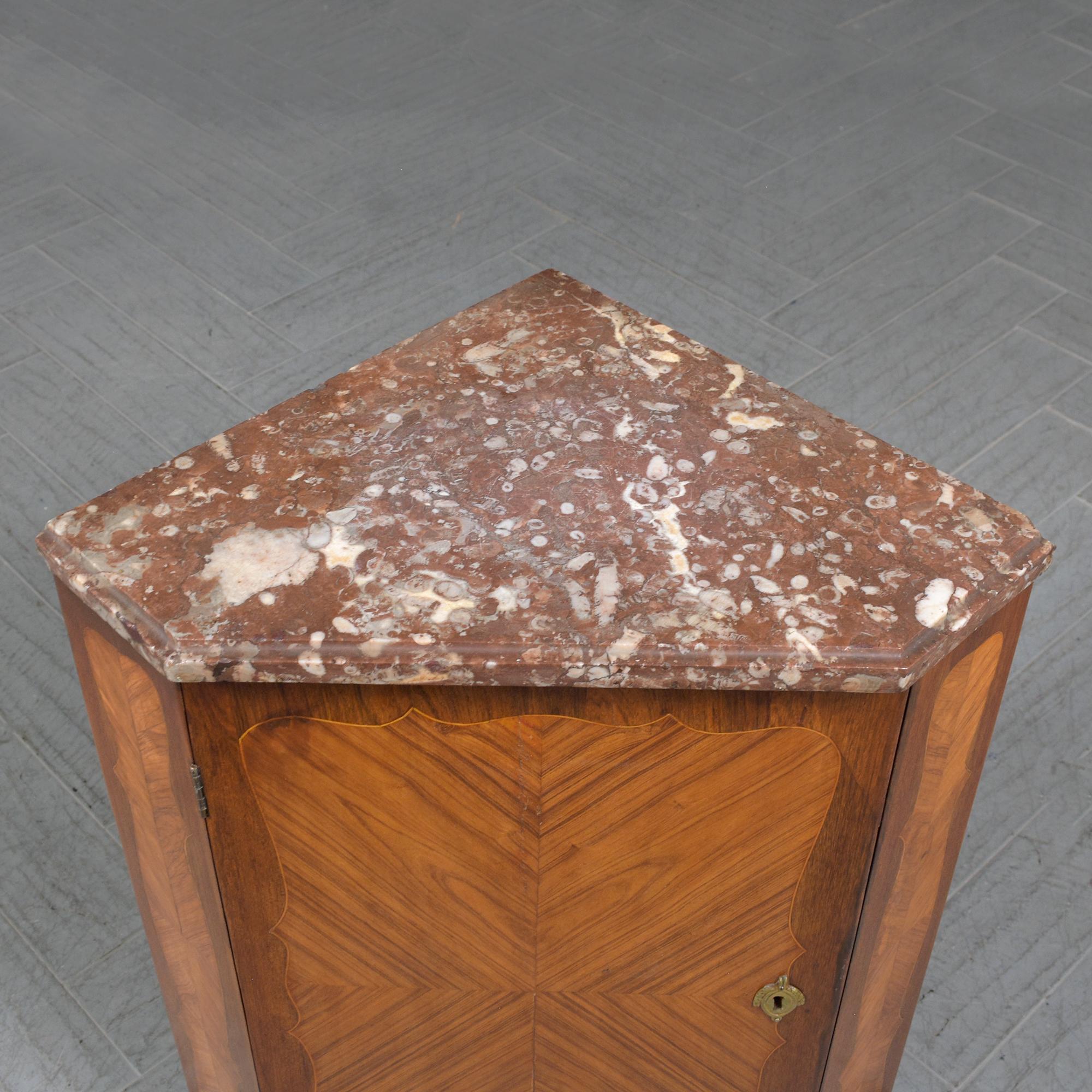 Brass Late 18th-Century French Corner Cabinets with Marble Tops: Restored Elegance For Sale