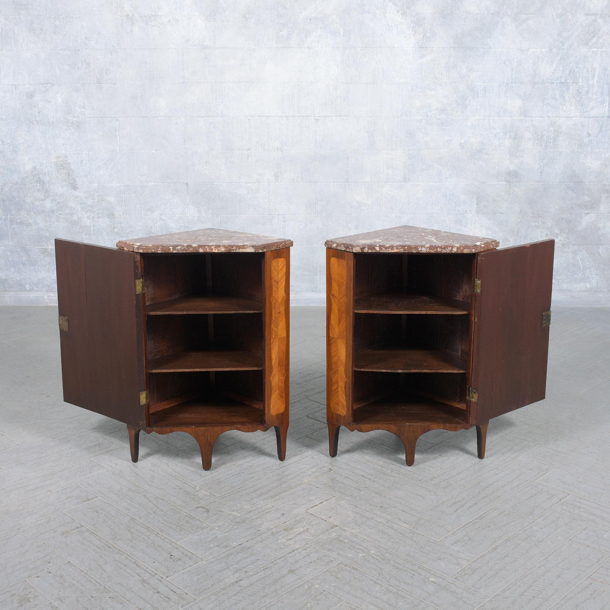 Late 18th-Century French Corner Cabinets with Marble Tops: Restored Elegance For Sale 1
