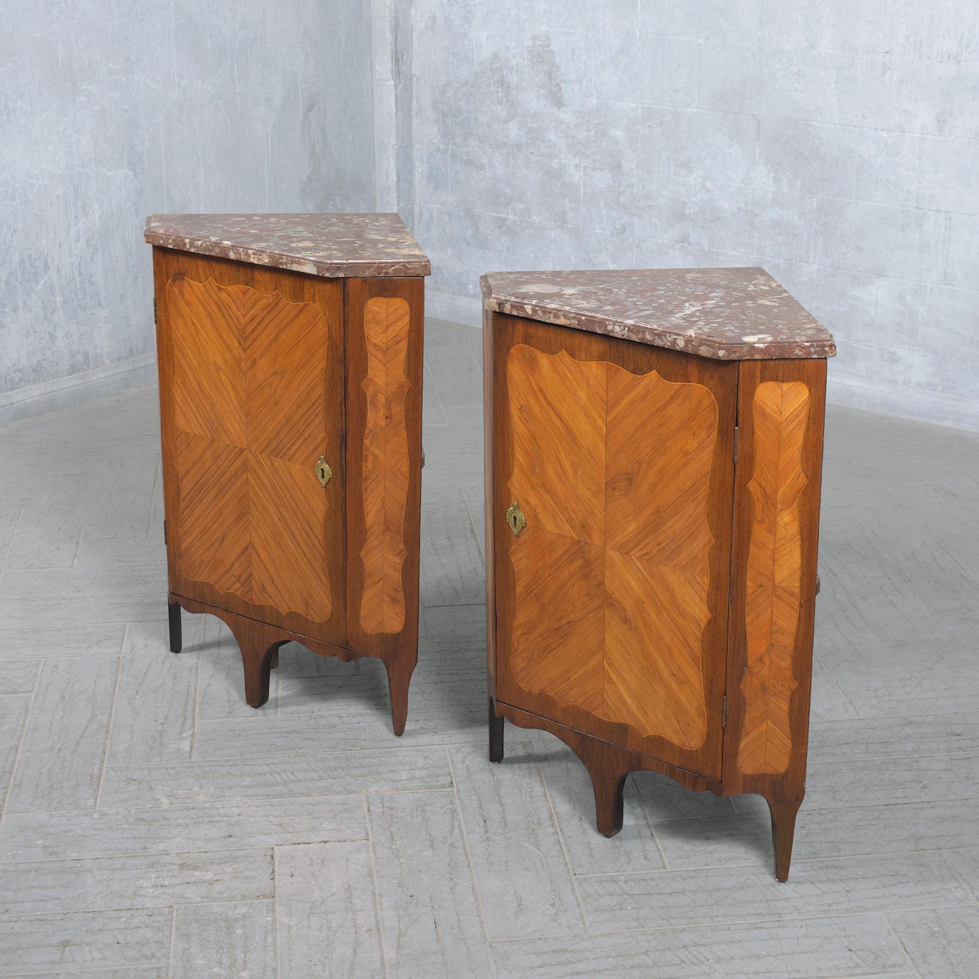 Late 18th-Century French Corner Cabinets with Marble Tops: Restored Elegance For Sale 2