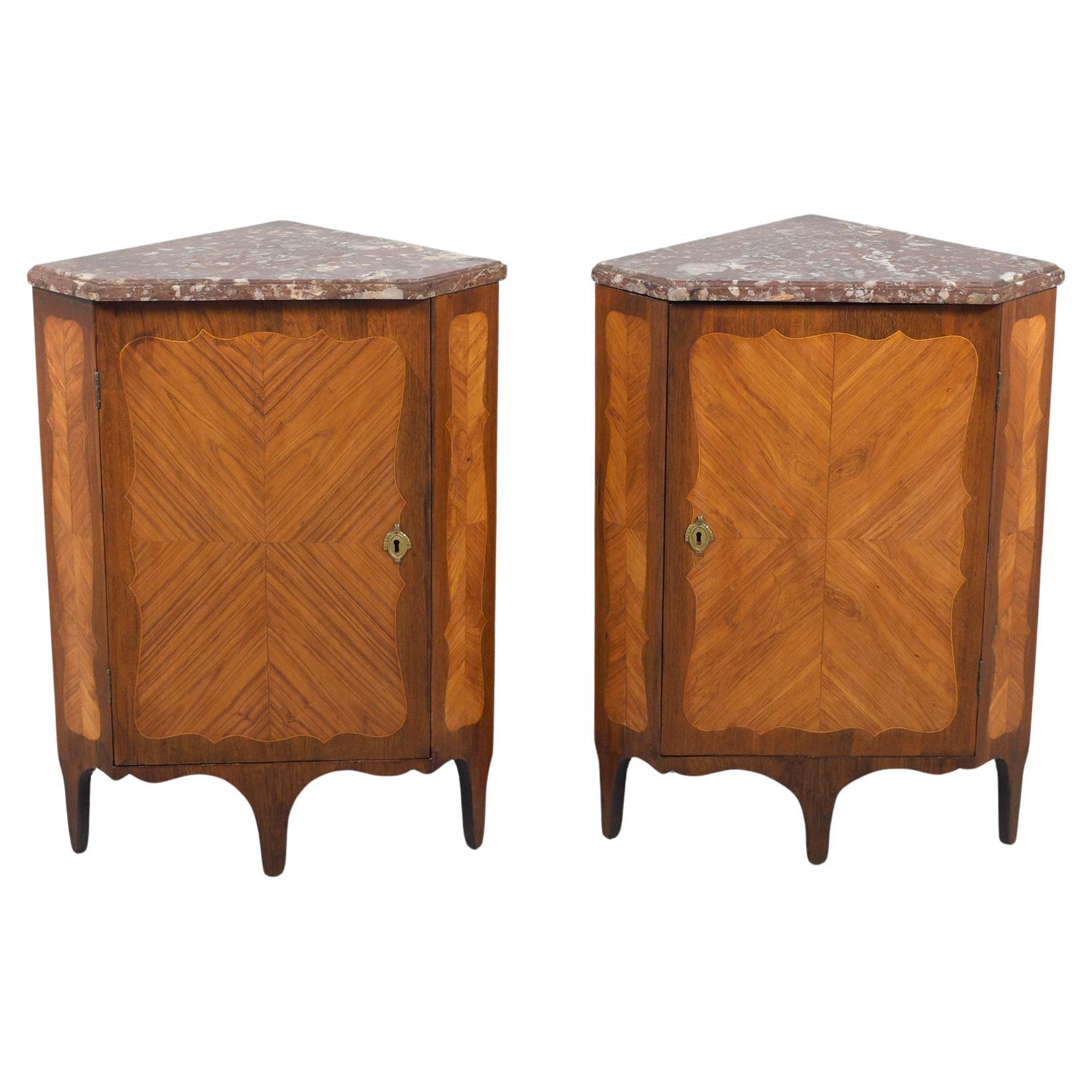 Late 18th-Century French Corner Cabinets with Marble Tops: Restored Elegance For Sale