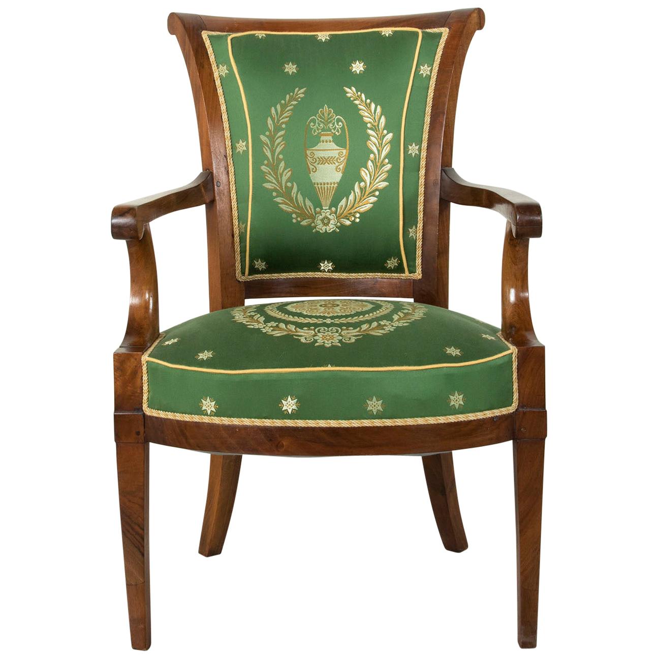Late 18th Century French Directoire Period Mahogany Armchair, Silk Upholstery