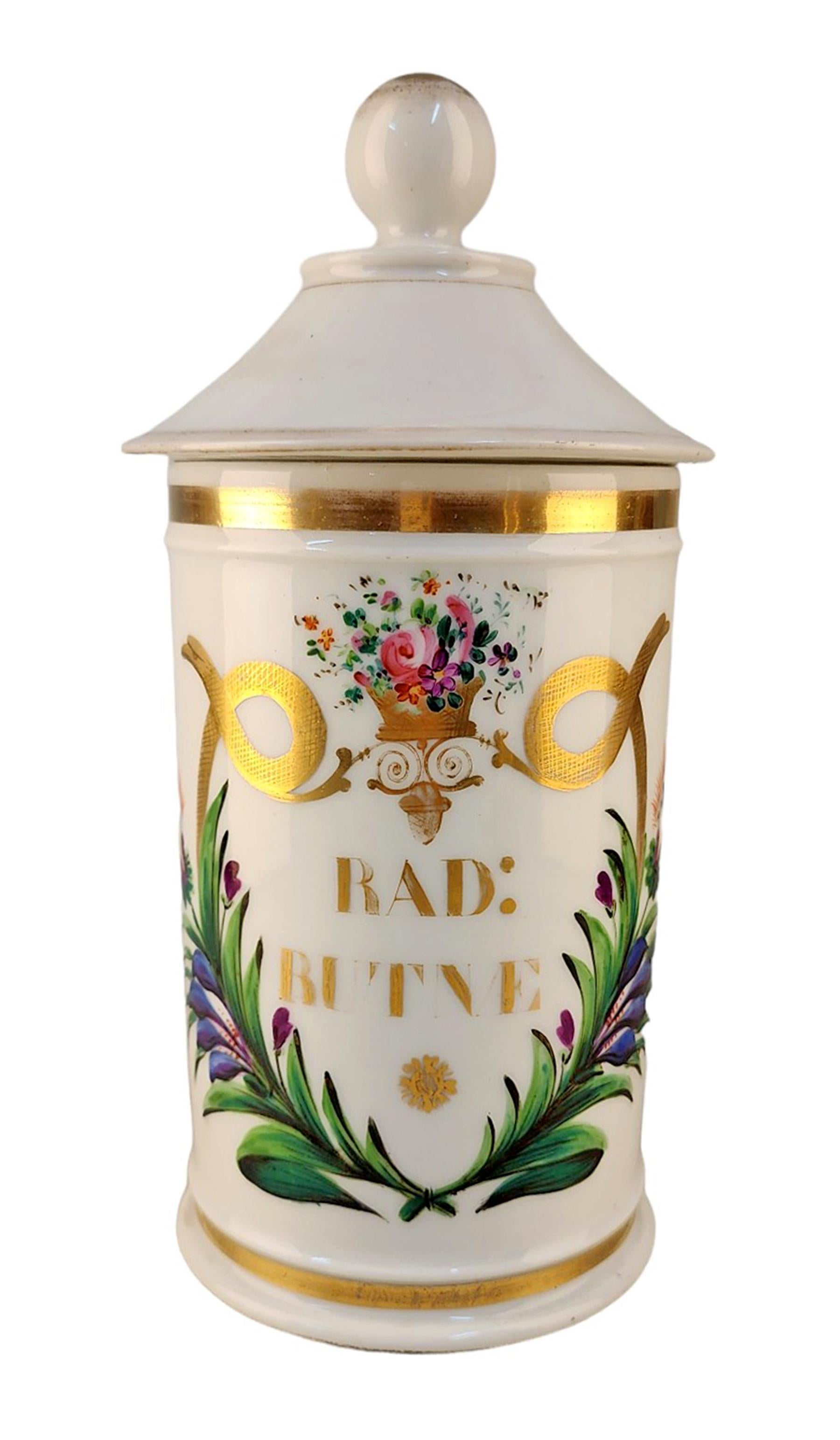 Late 18th Century french glazed porcelain apothecary/pharmacy jar with lid - 'RAD: BUTNE'

By: Charles-Antoine Acloque
Material: ceramic, porcelain, paint, enamel
Technique: molded, pressed, painted, hand-painted, hand-crafted, gilt, enameled,