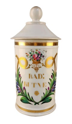 Tarro de botica/farmacia de porcelana esmaltada francesa de finales del siglo XVIII - "RAD: BUTNE