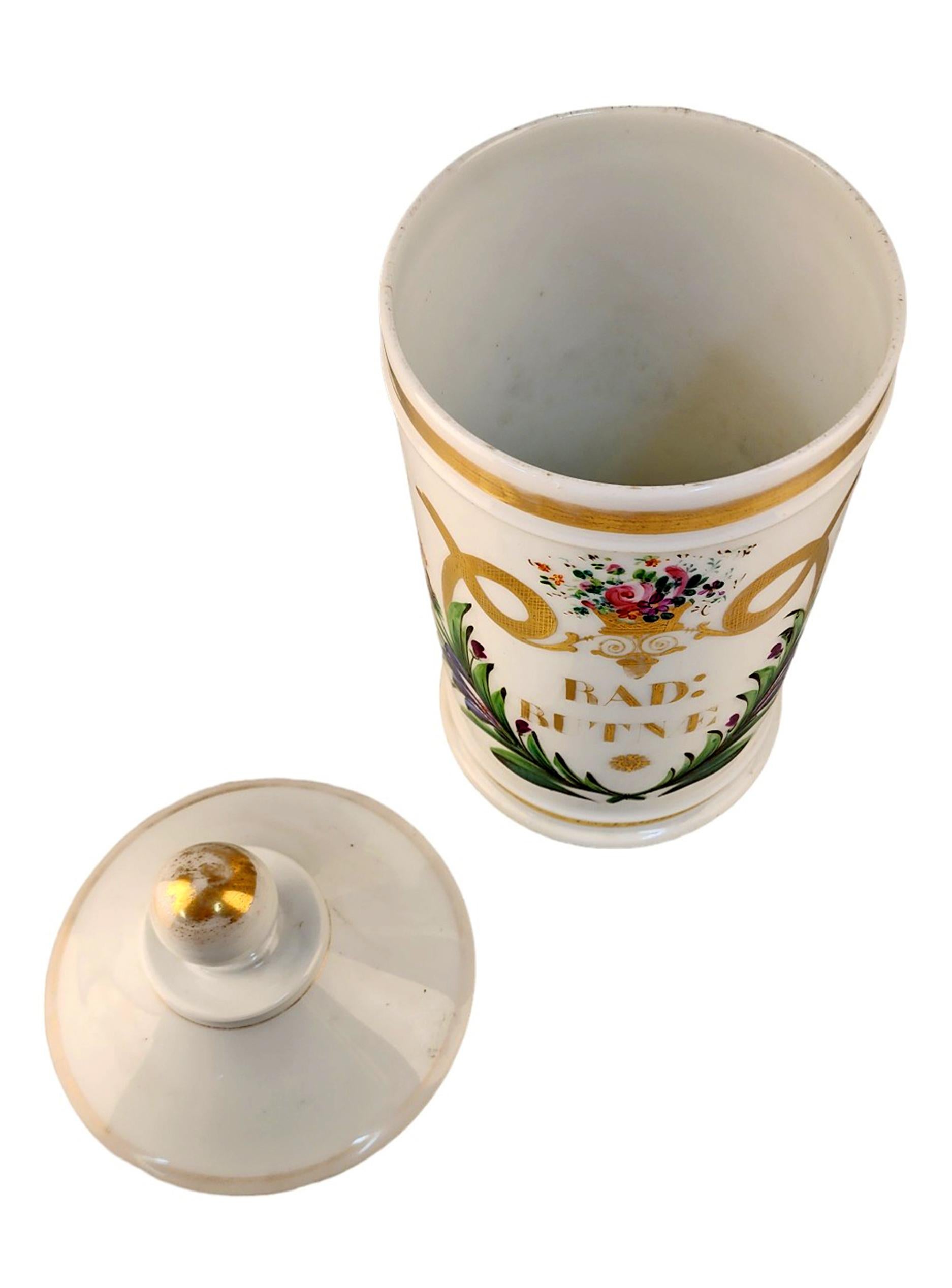 Late 18th Century French Glazed Porcelain Apothecary/Pharmacy Jar - 'RAD: BUTNE' In Good Condition For Sale In North Miami, FL