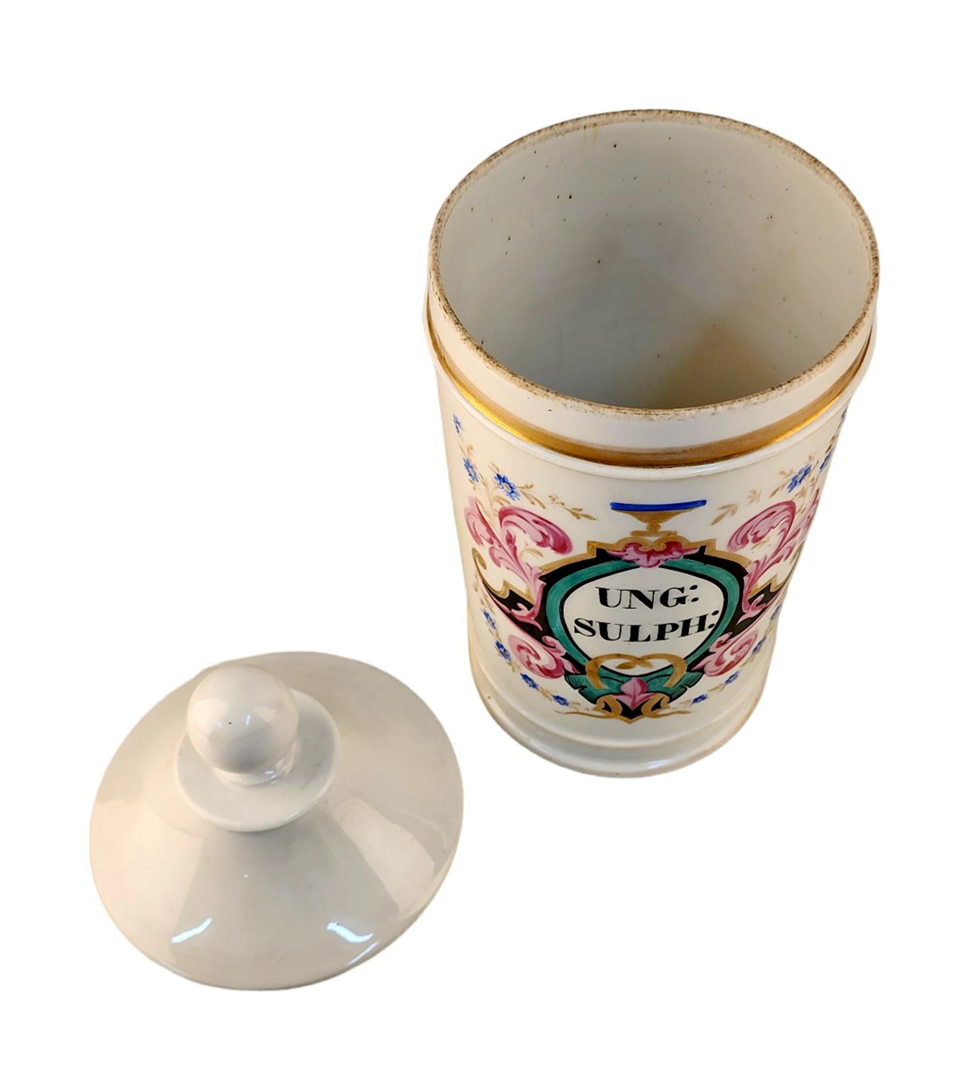 Ceramica Vaso da farmacia/apotecario in porcellana smaltata francese della fine del XVIII secolo - 'UNG: SULPH' in vendita