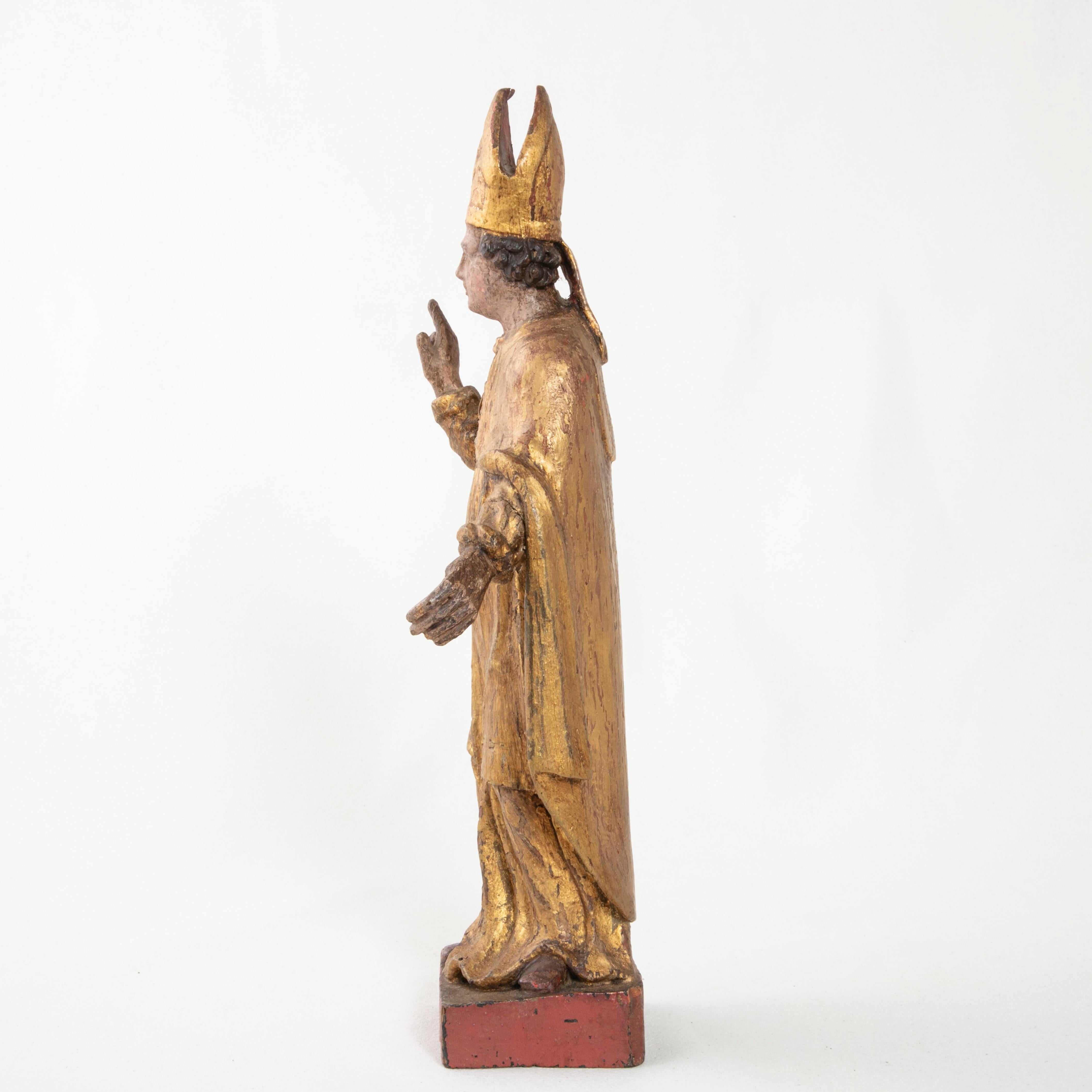 Hand-Carved Late 18th Century French Hand Carved Giltwood Polychrome Bishop Statue