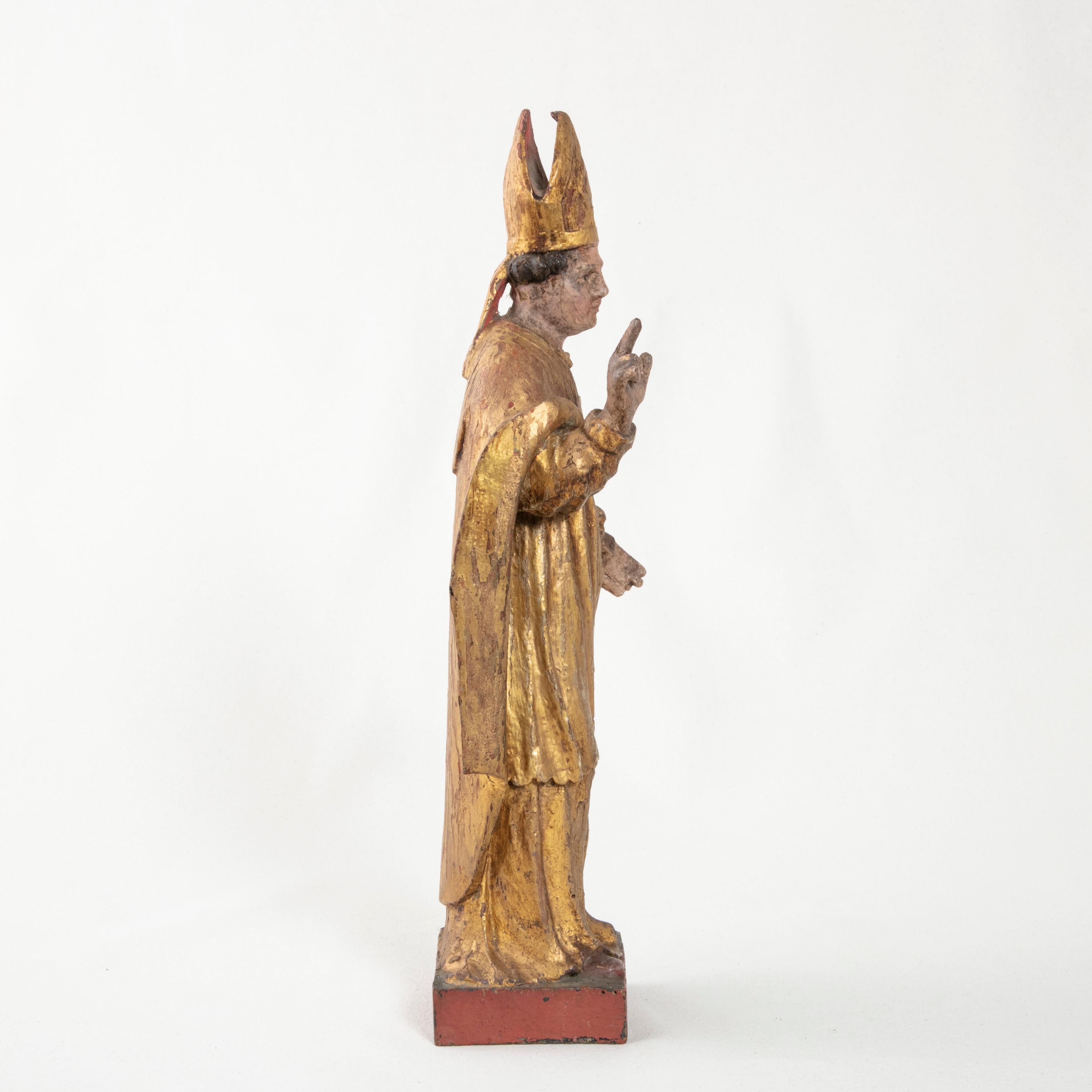 Early 19th Century Late 18th Century French Hand Carved Giltwood Polychrome Bishop Statue