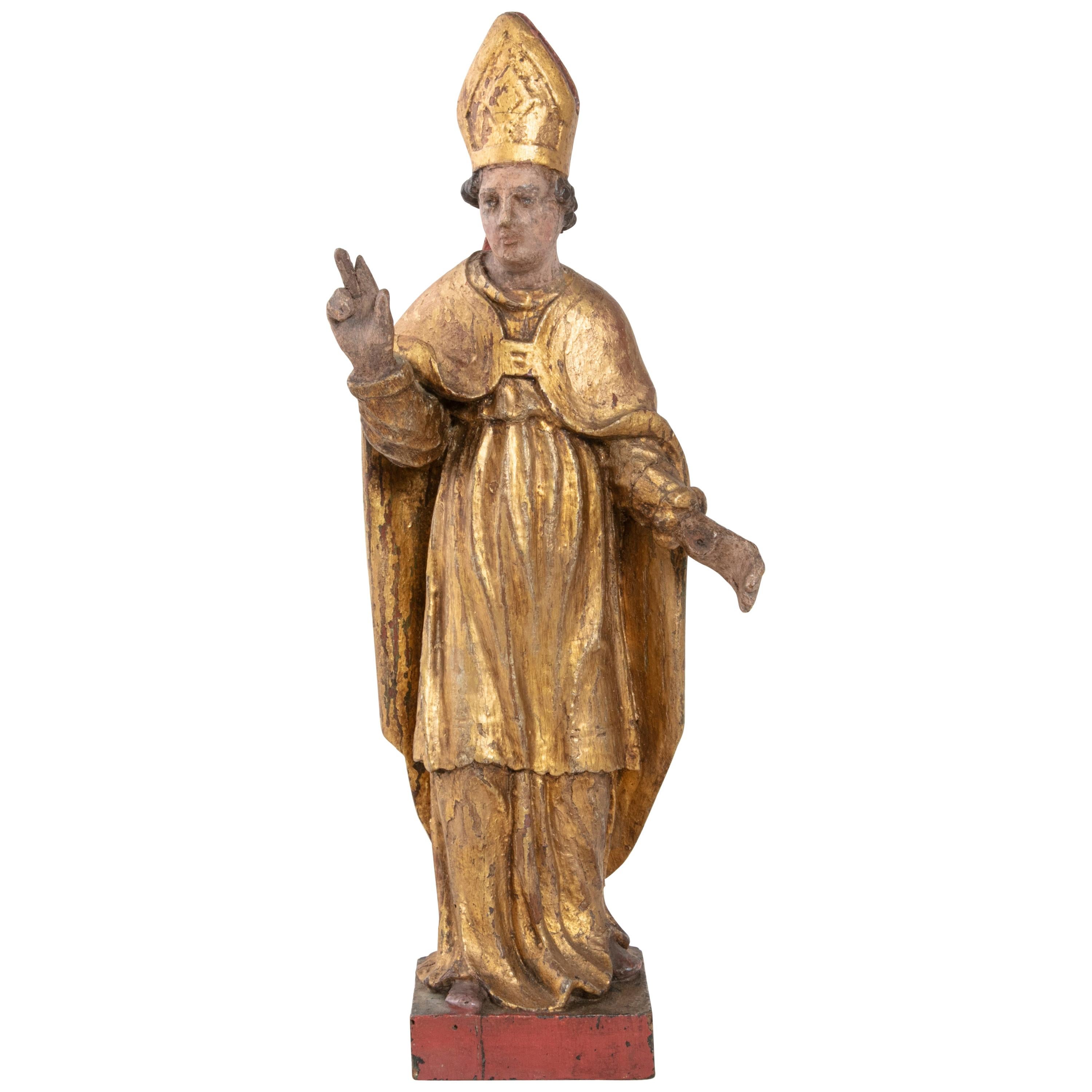 Late 18th Century French Hand Carved Giltwood Polychrome Bishop Statue
