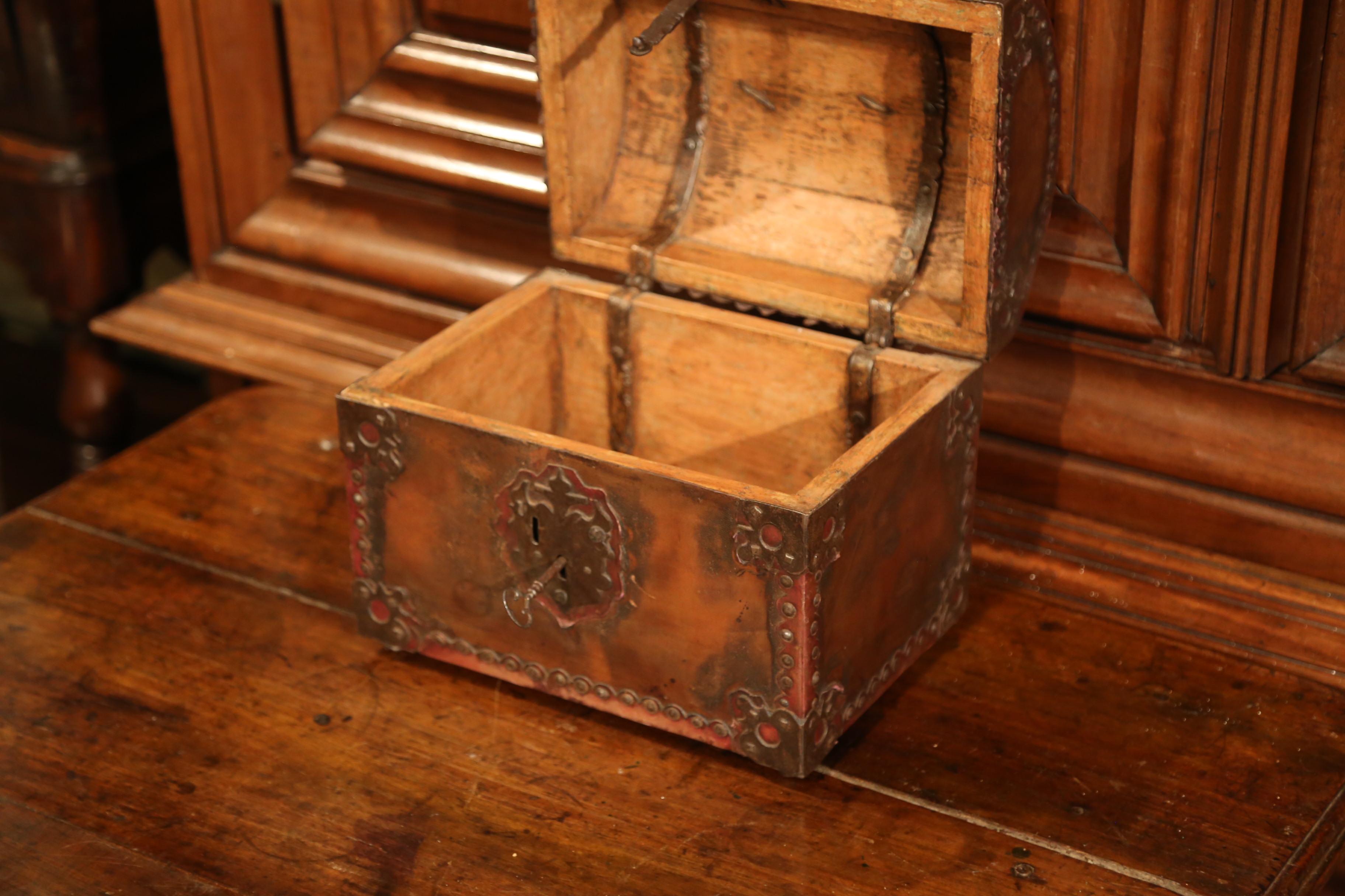 Hand-Carved Late 18th Century French Louis XIII Wood and Leather Decorative Box Trunk Safe