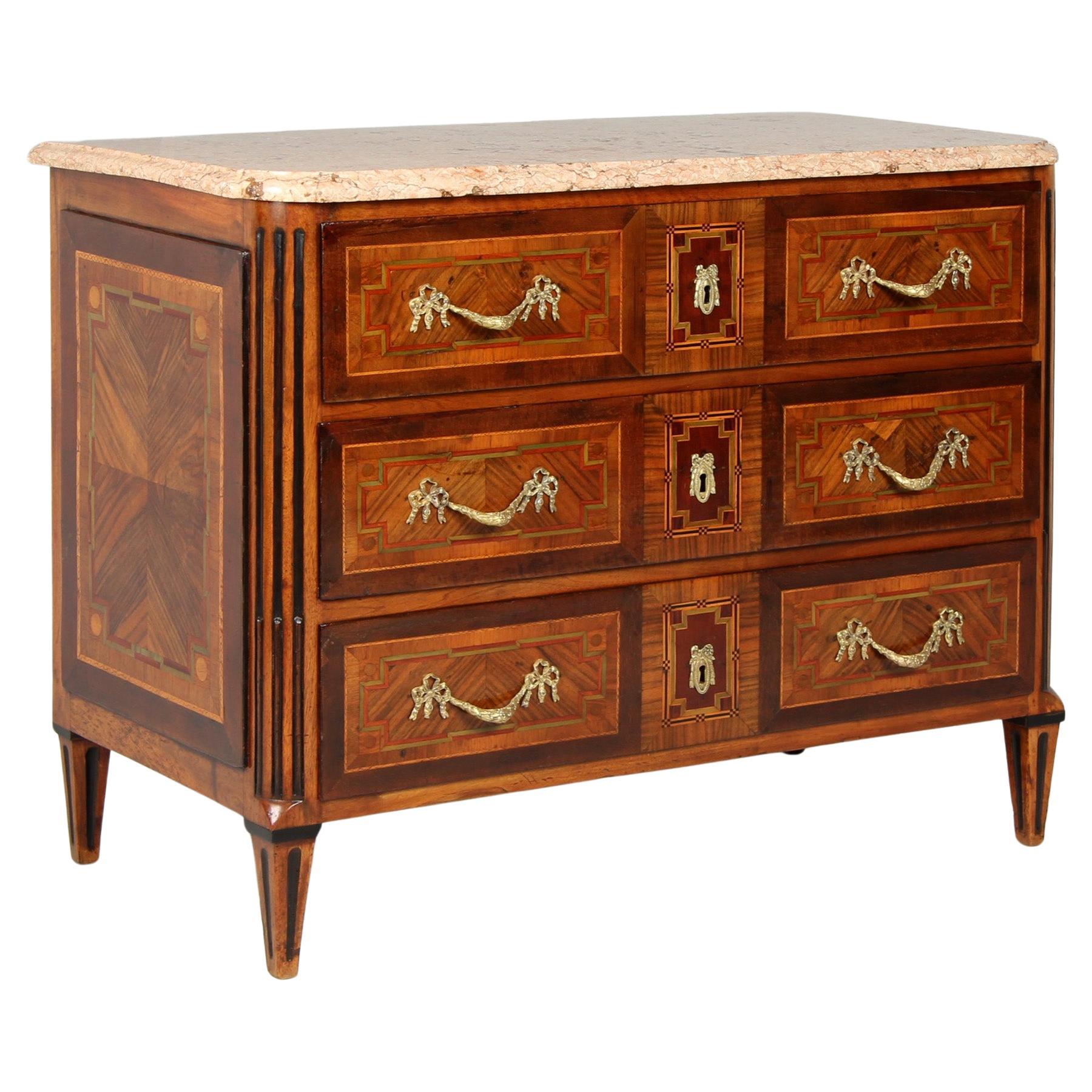 Late 18th Century French Louis XVI Chest of Drawers - Marquetry and Marble Top For Sale