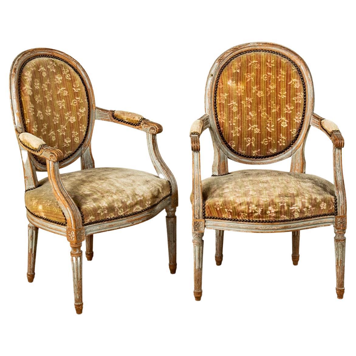 Late 18th Century French Louis XVI Period Hand Carved Walnut Armchairs For Sale