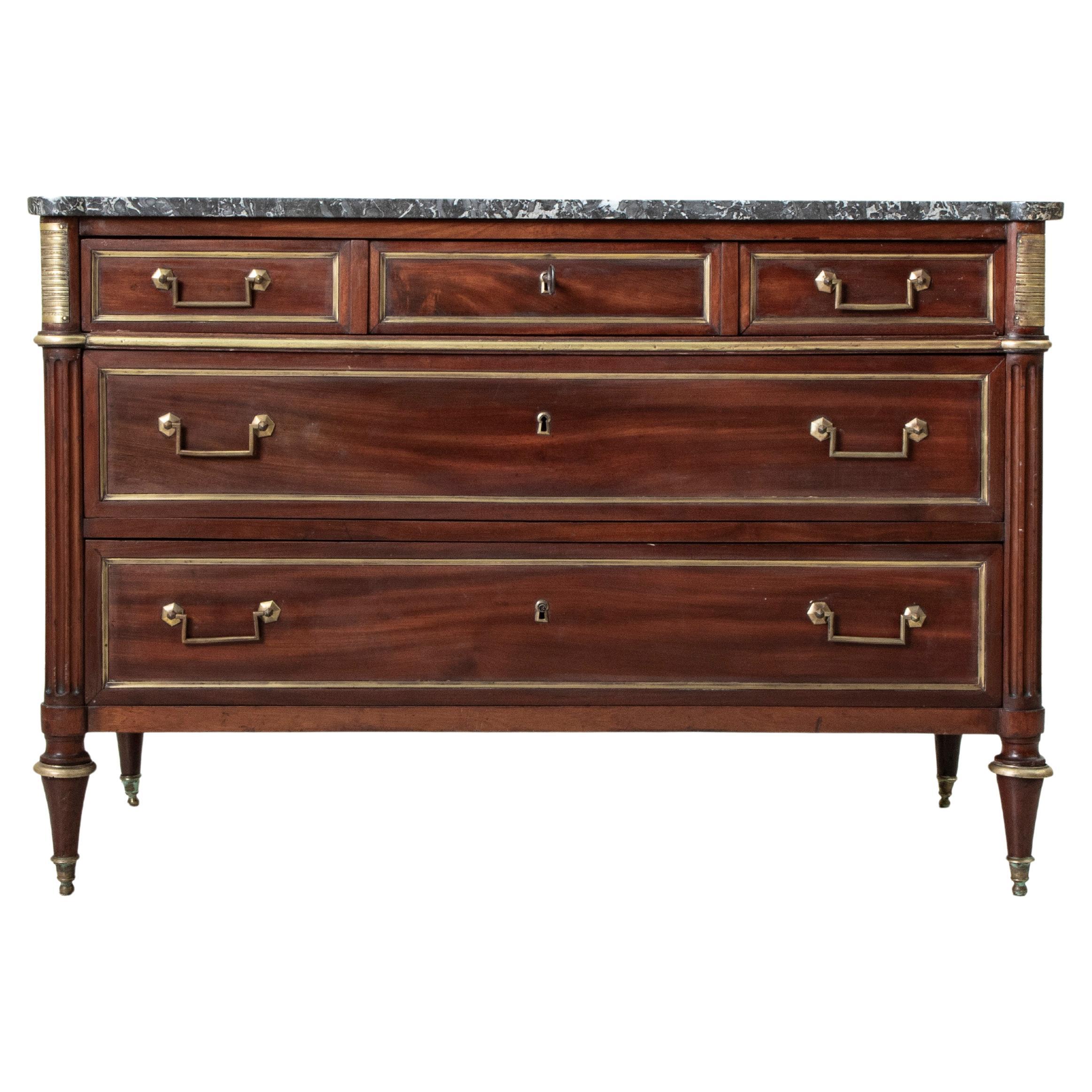 Late 18th Century French Louis XVI Period Mahogany Chest, Saint Anne Marble Top For Sale