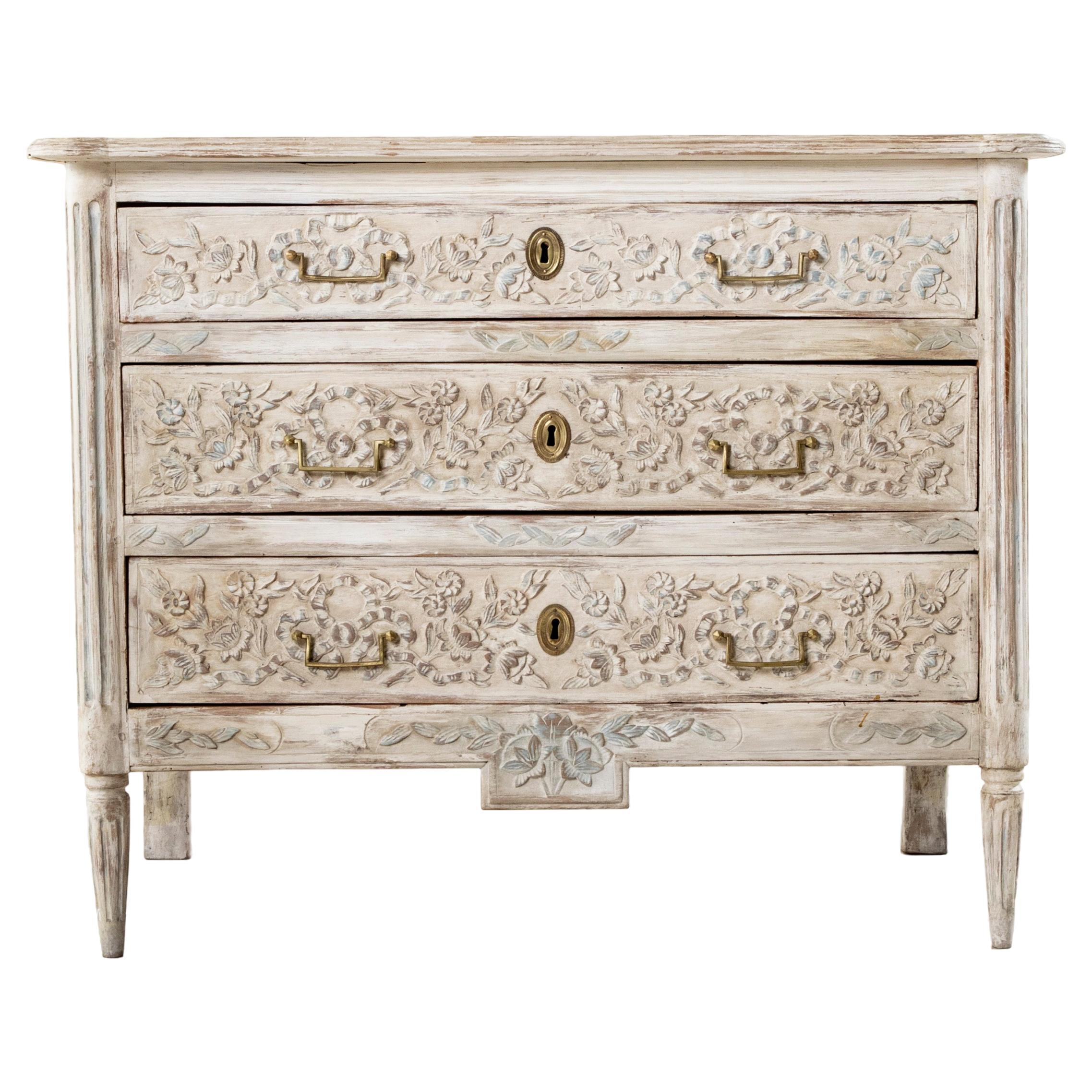 Late 18th Century French Louis XVI Period Painted Hand-Carved Chest, Commode