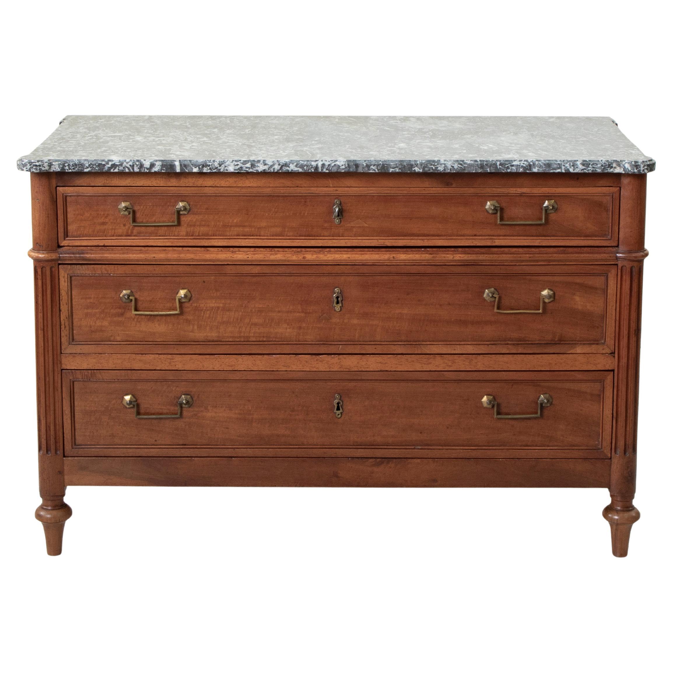 Late 18th Century French Louis XVI Period Walnut Commode, Chest with Marble Top