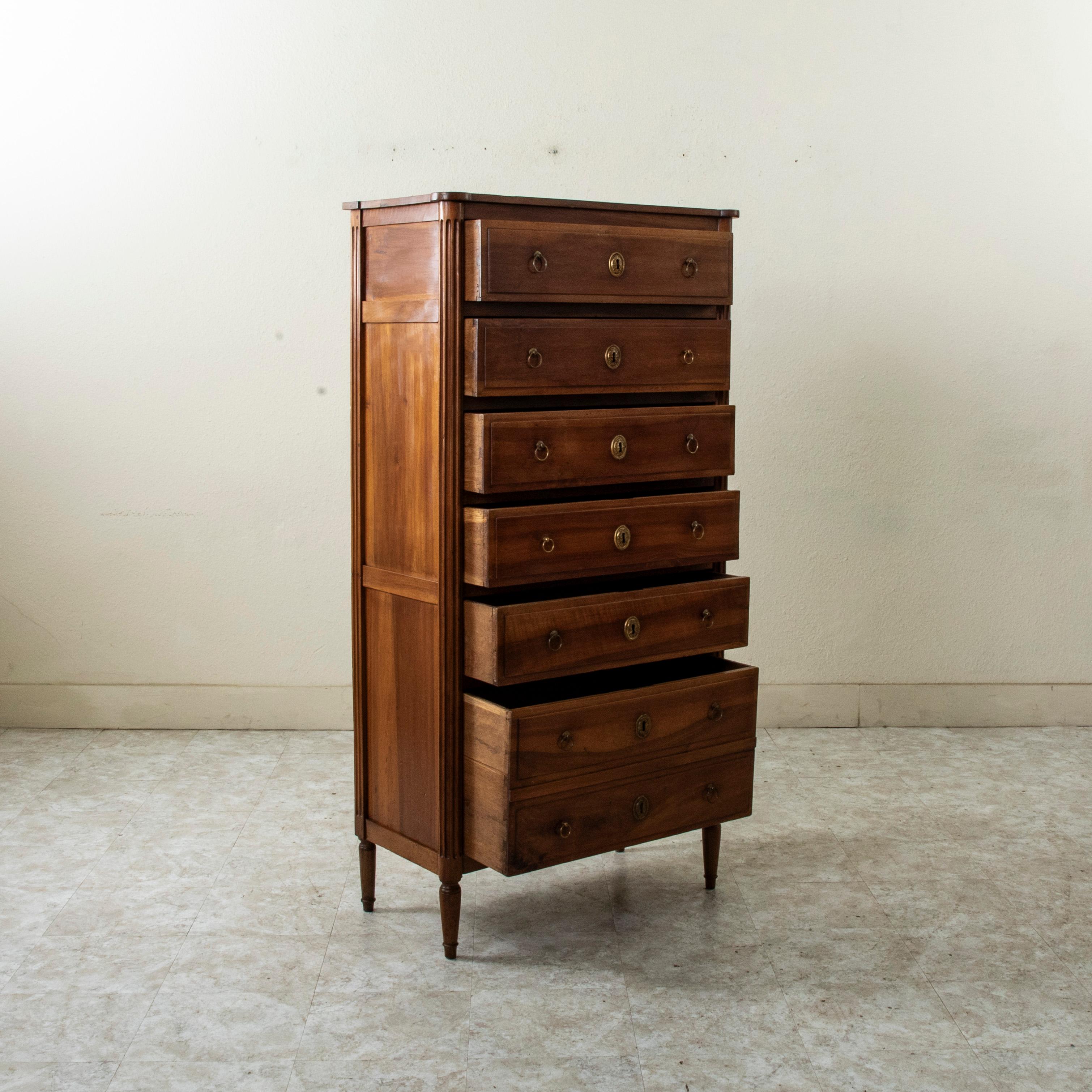 Bronzo Late 18th Century French Louis XVI Period Walnut Semainier Chest, Bronze Details in vendita