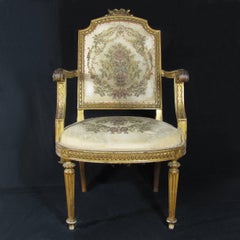 Late 18th Century French Louis XVI Upholstered Armchair in Giltwood
