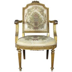 Late 18th Century French Louis XVI Upholstered Armchair in Giltwood Late 18th Century French Louis XVI Upholstered Armchair in Giltwood