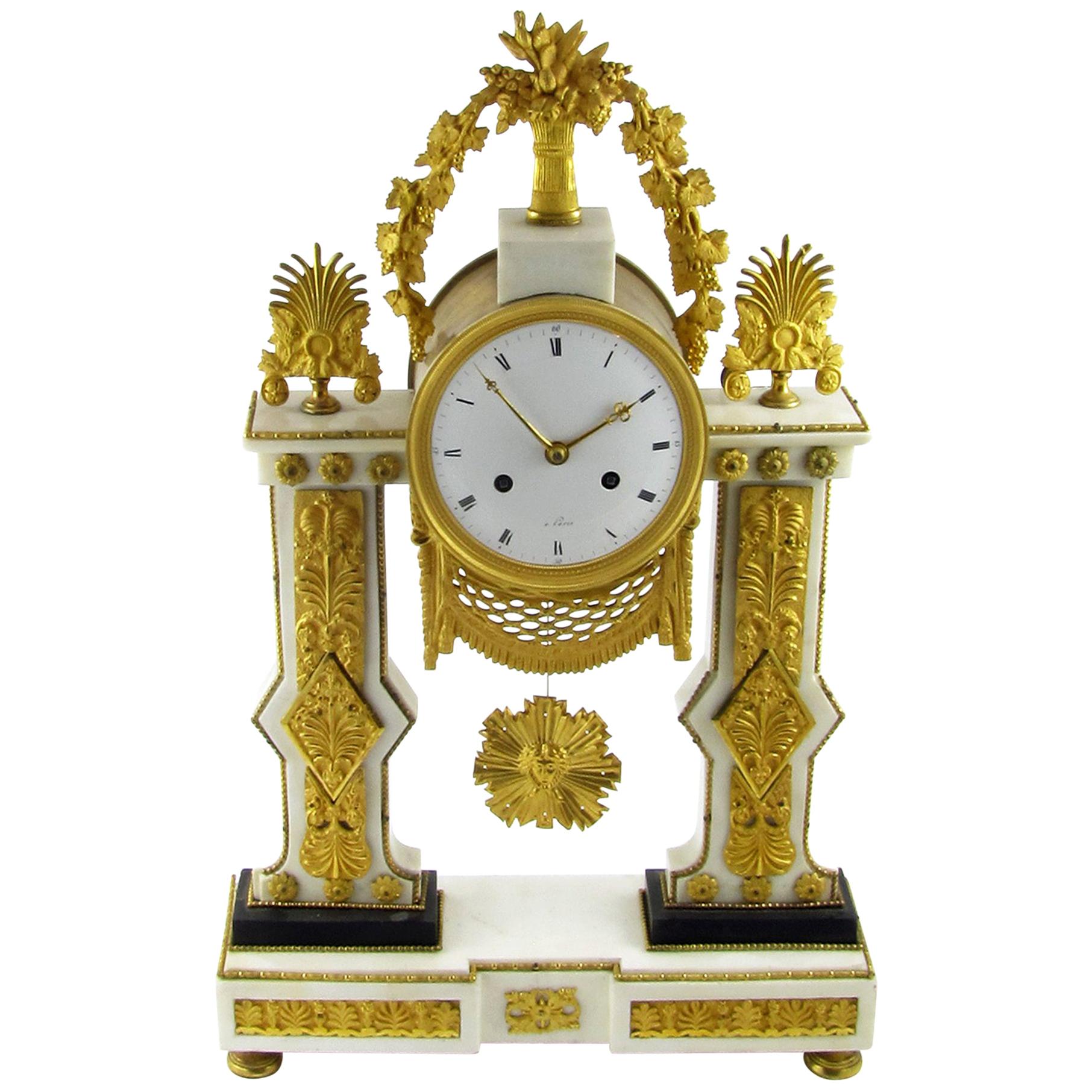Late 18th Century French Louis XVI White Marble and Ormolu Gilt Mantel Clock For Sale