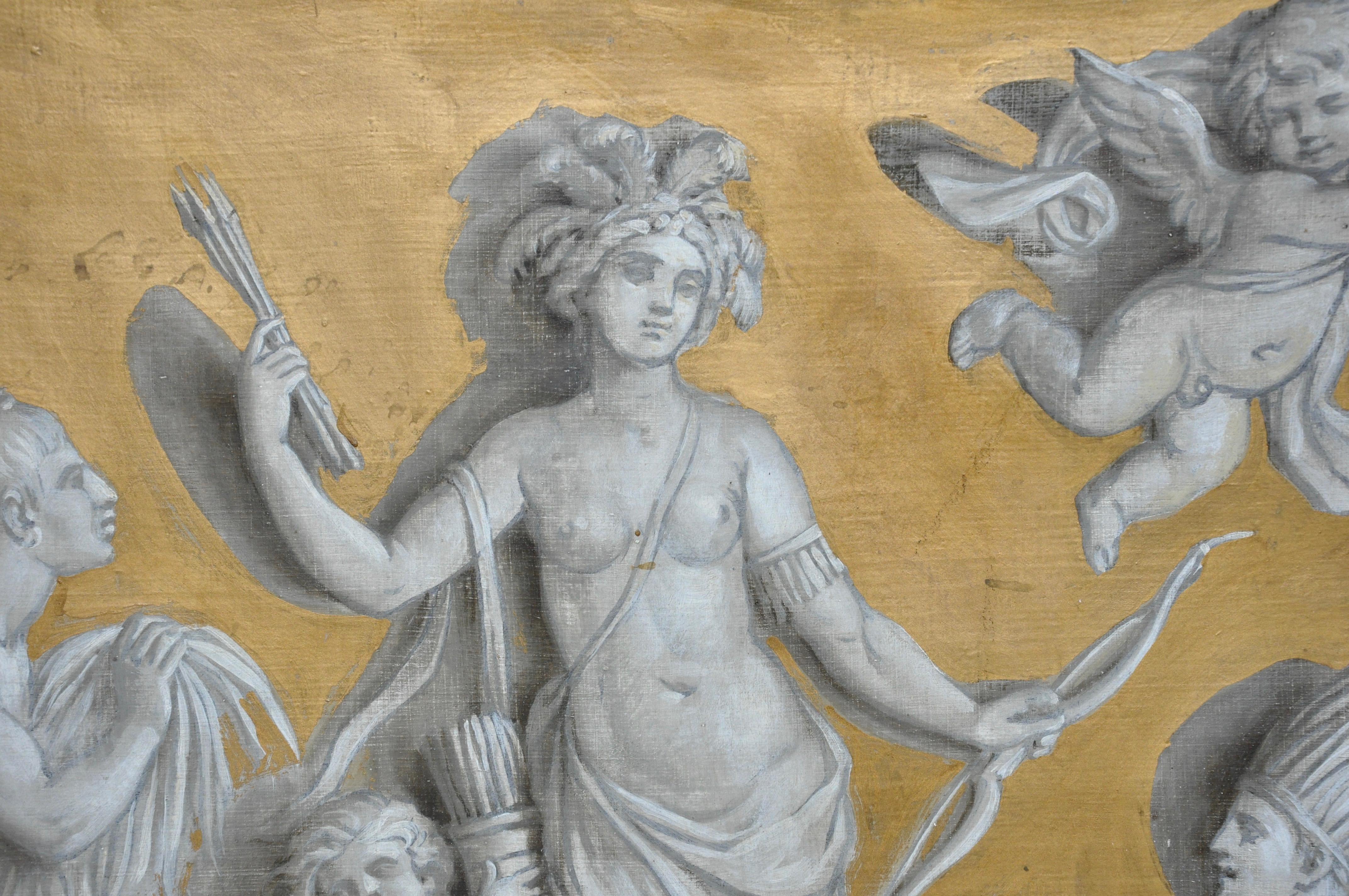 Hand-Painted 19th Century French Neoclassical Grisaille over Door Panel of the Americas