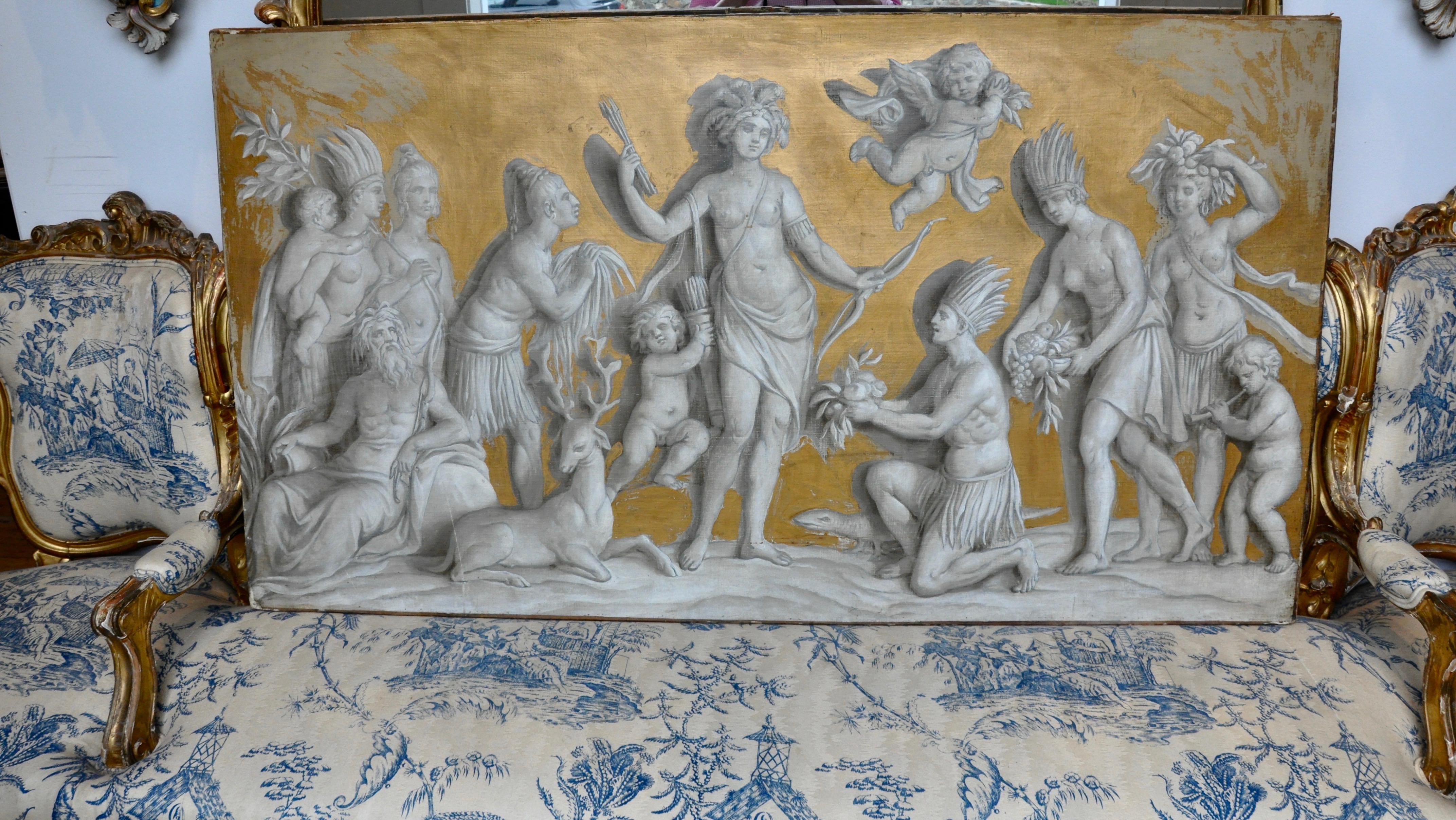 19th Century French Neoclassical Grisaille over Door Panel of the Americas In Good Condition In Essex, MA