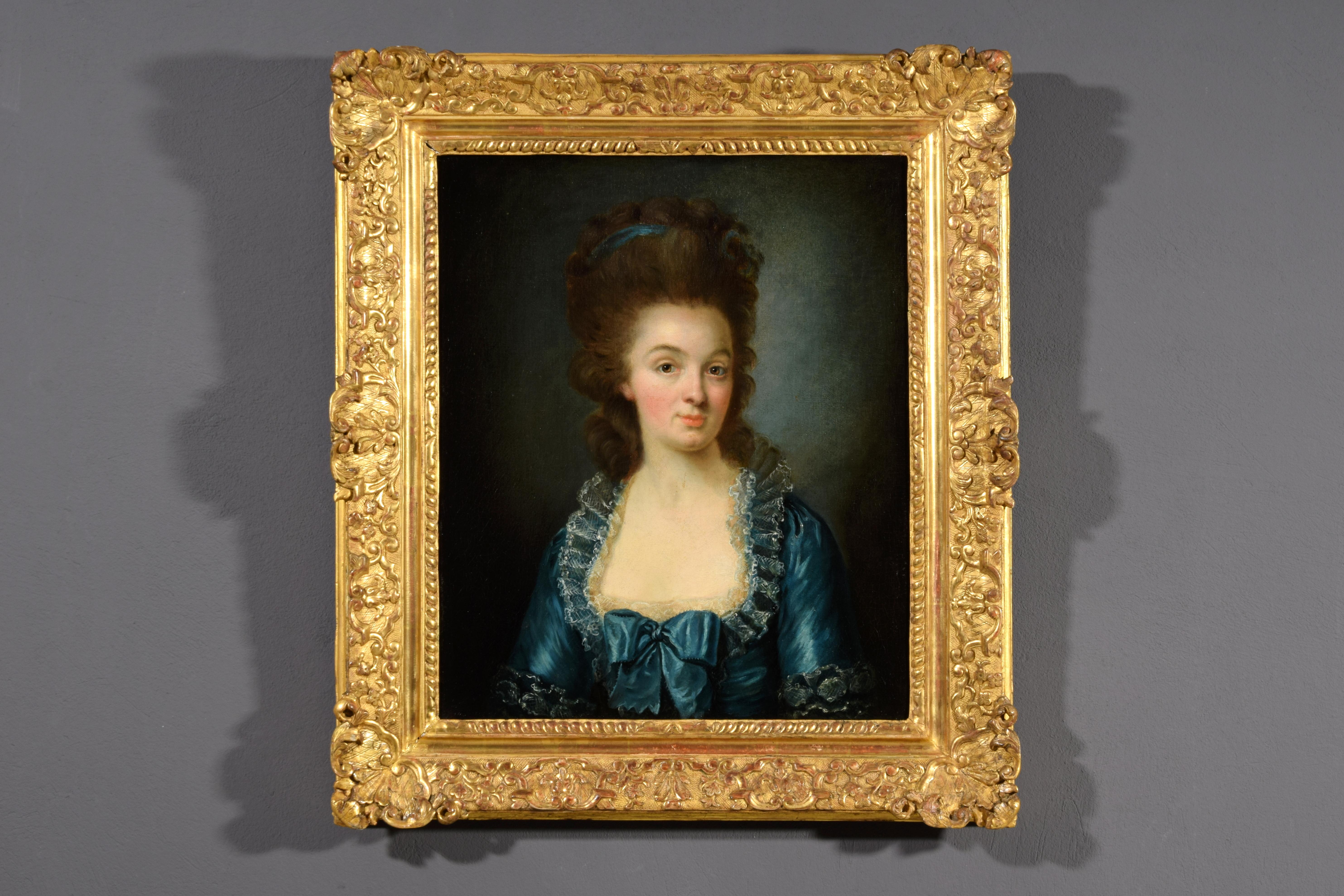 Rococo Fin du XVIIIe siècle, Portrait français d'une jeune femme en robe bleue en vente