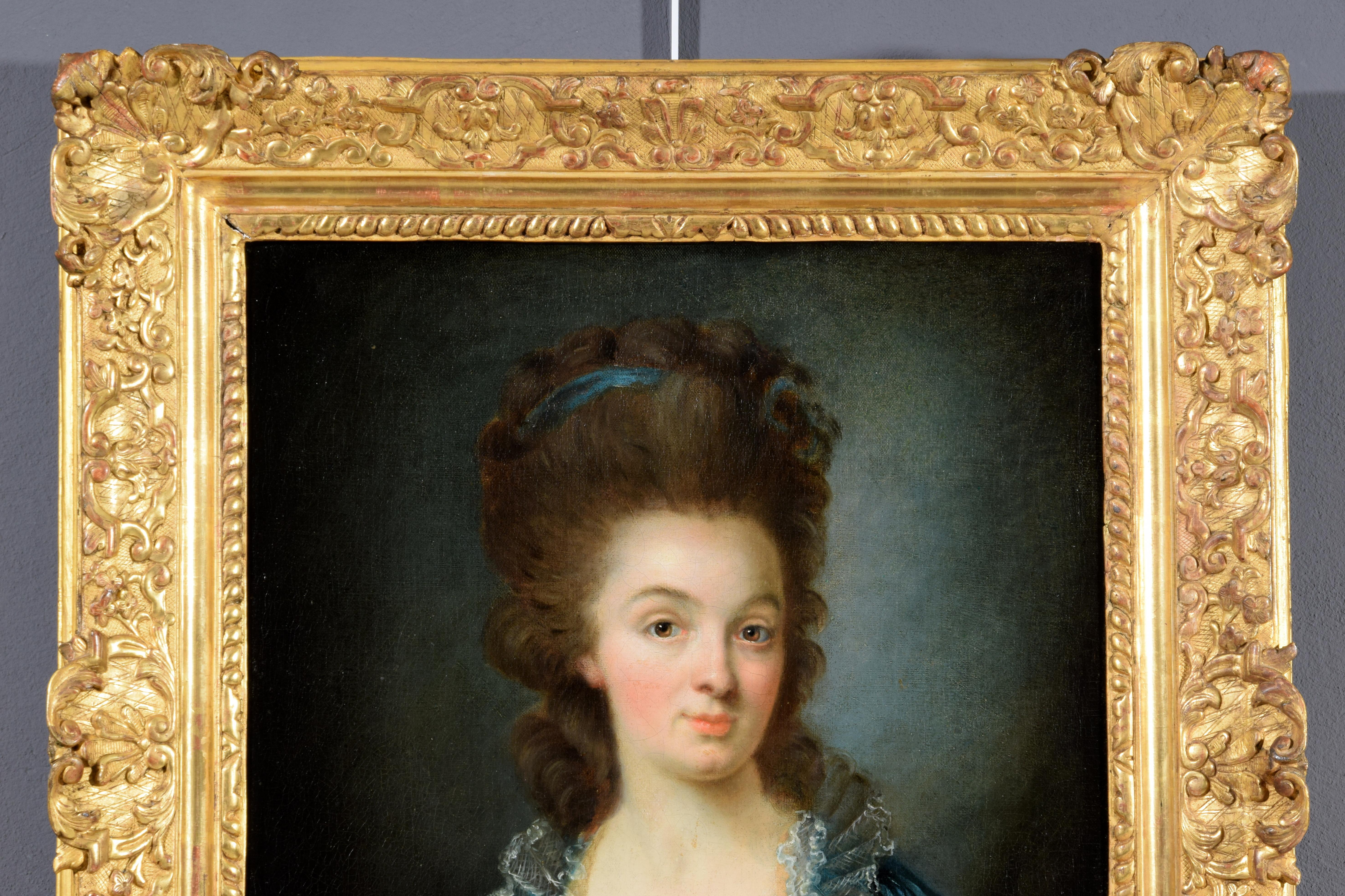 Toile Fin du XVIIIe siècle, Portrait français d'une jeune femme en robe bleue en vente