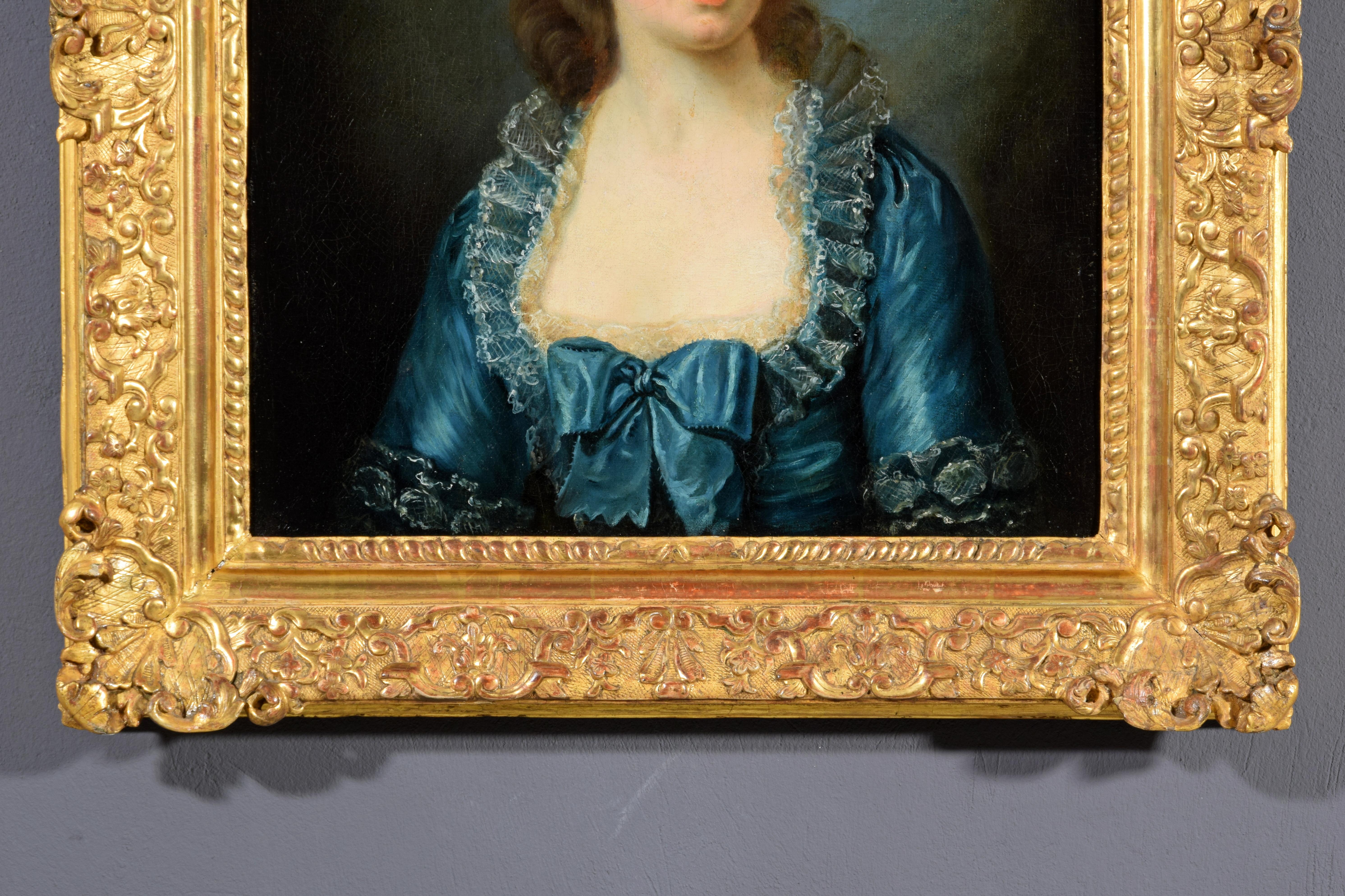 Fin du XVIIIe siècle, Portrait français d'une jeune femme en robe bleue en vente 1