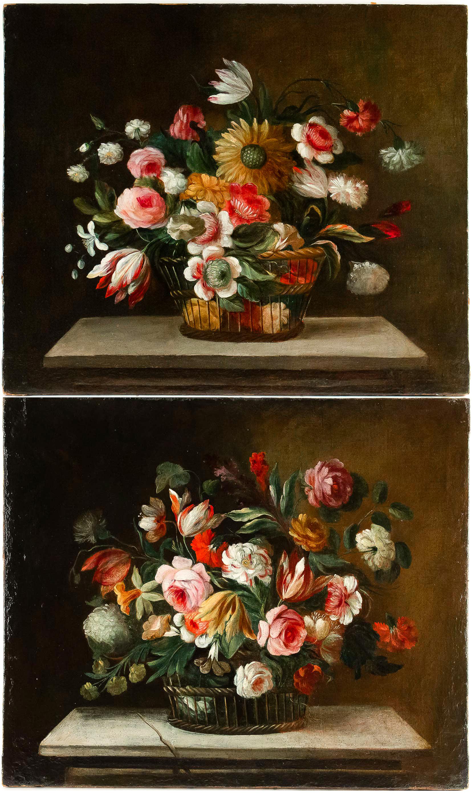 Much quality on this gorgeous and decorative pair of oil on canvas, depicting a pair of flower bouquets resting on marble-ledge.

Late 18th century or early 19th century French school, circa 1780-1820.
In fine original condition, our painting was