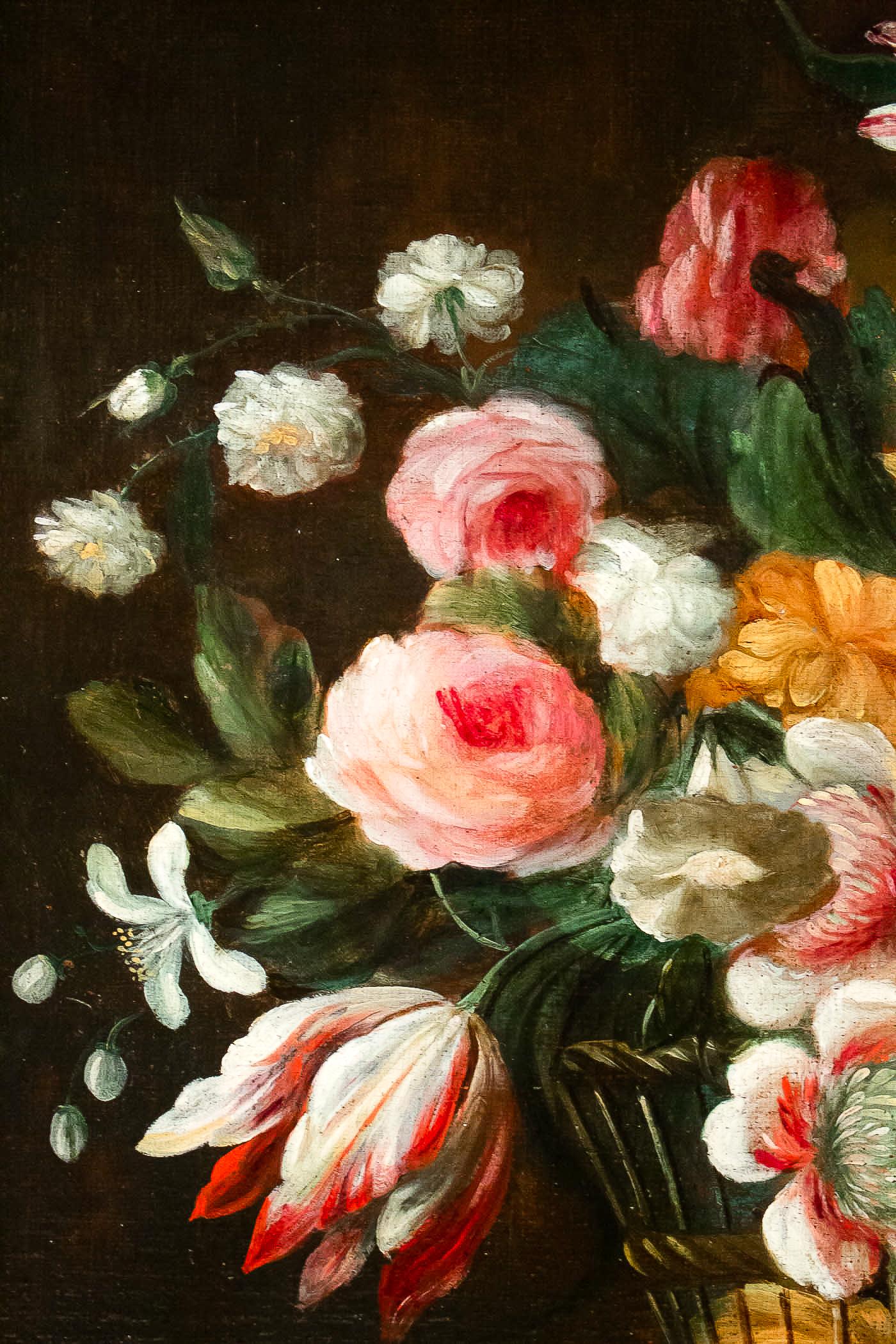 Oiled Late 18th Century French School Pair of Oil on Canvas Bouquets of Flowers For Sale