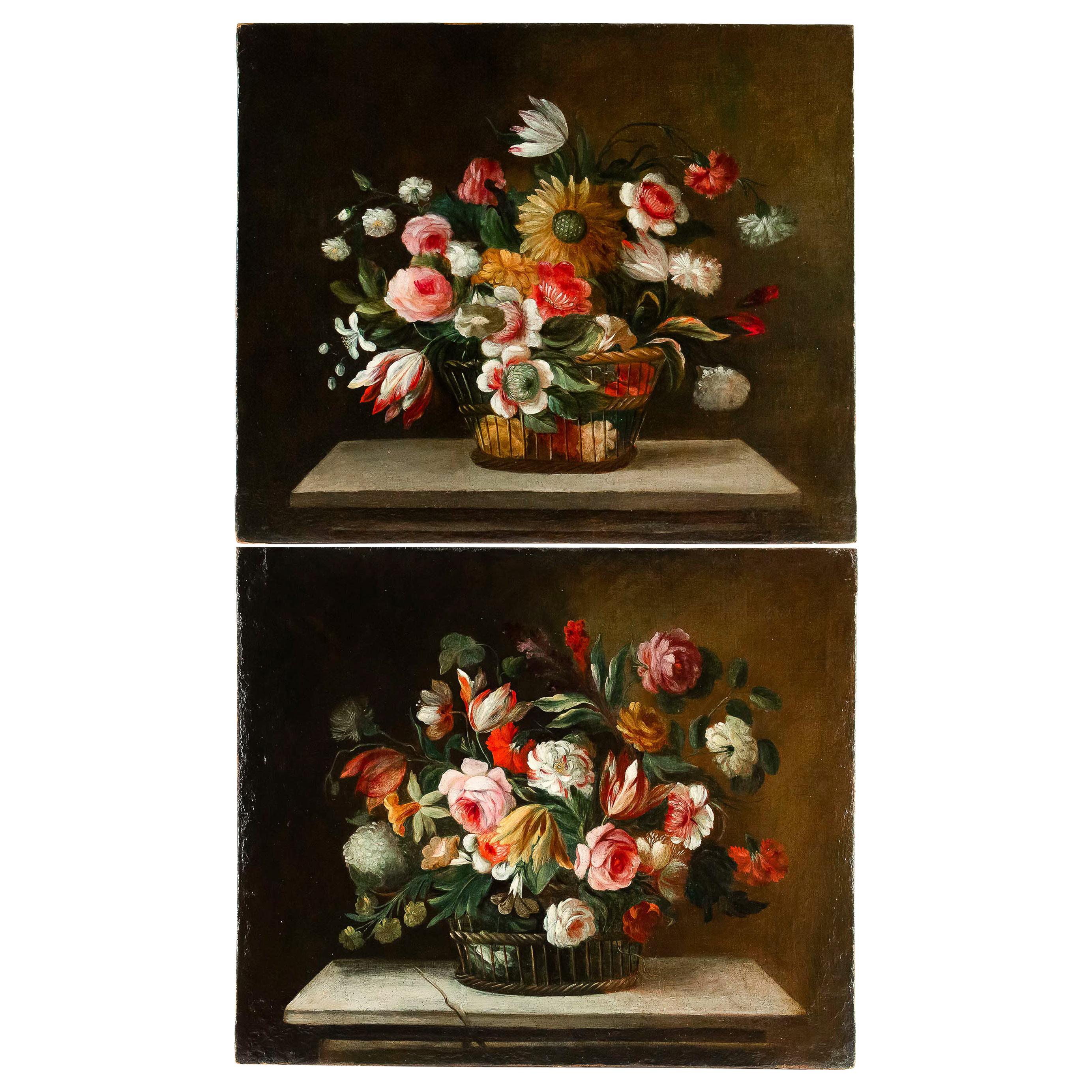 Late 18th Century French School Pair of Oil on Canvas Bouquets of Flowers For Sale