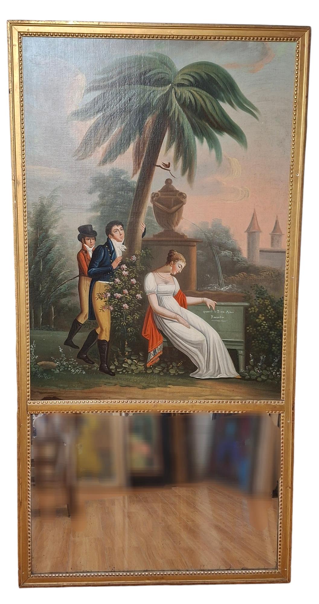 Bellissimo esempio di specchio trumeau originale francese con dipinto quello che sembra raffigurare una scena della famosa opera 