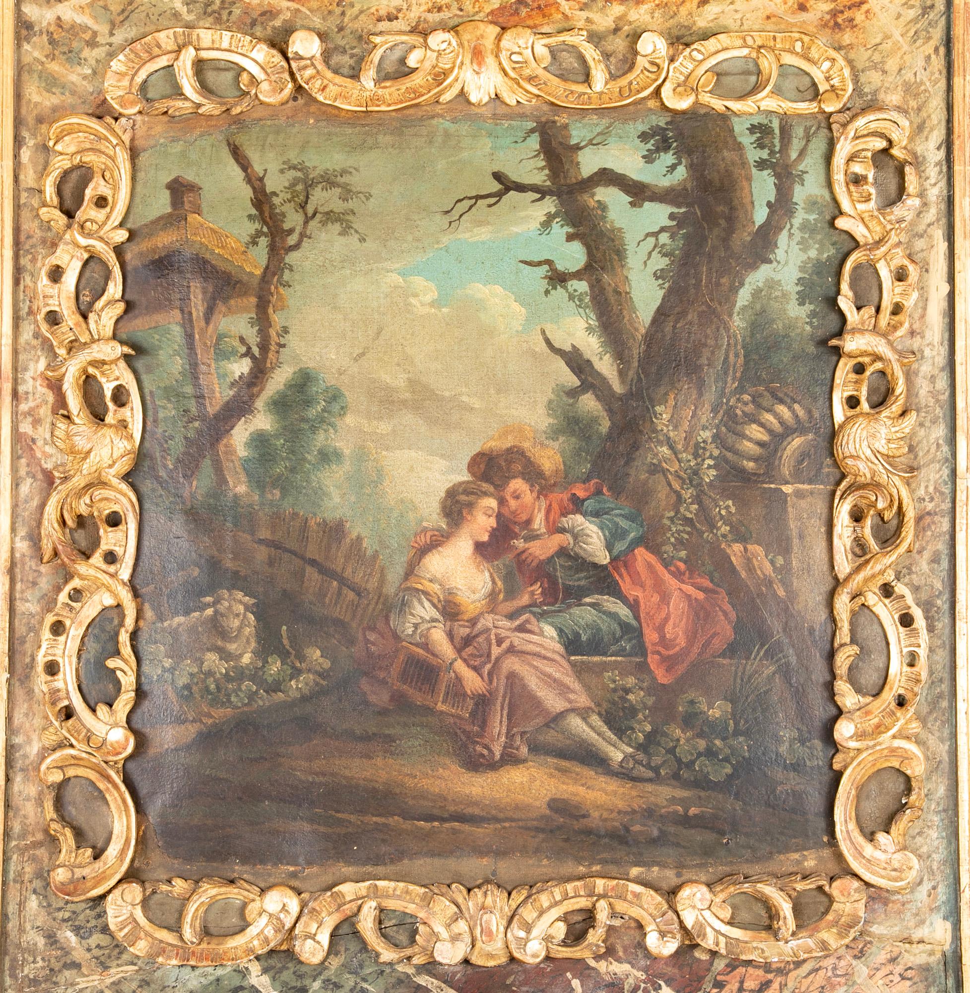 Verre Miroir Trumeau français de la fin du XVIIIe siècle avec peinture romantique en vente