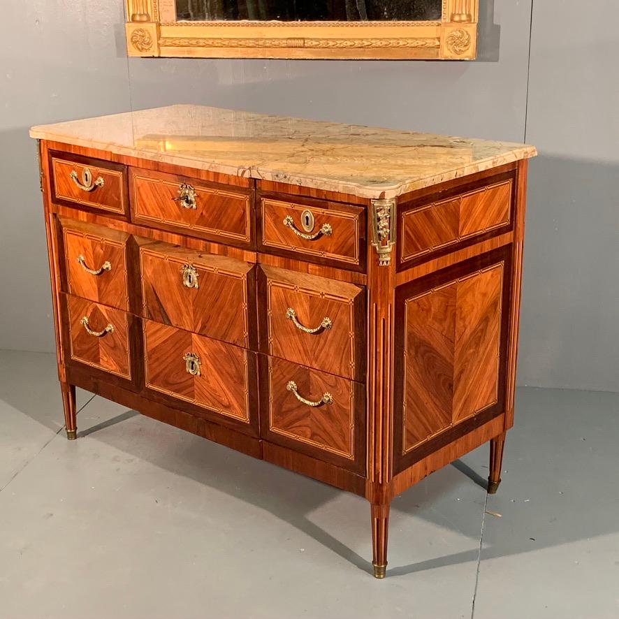 Louis XVI Late 18th Century French Tulipwood Commode with Ebony Inlays and Marble Top For Sale